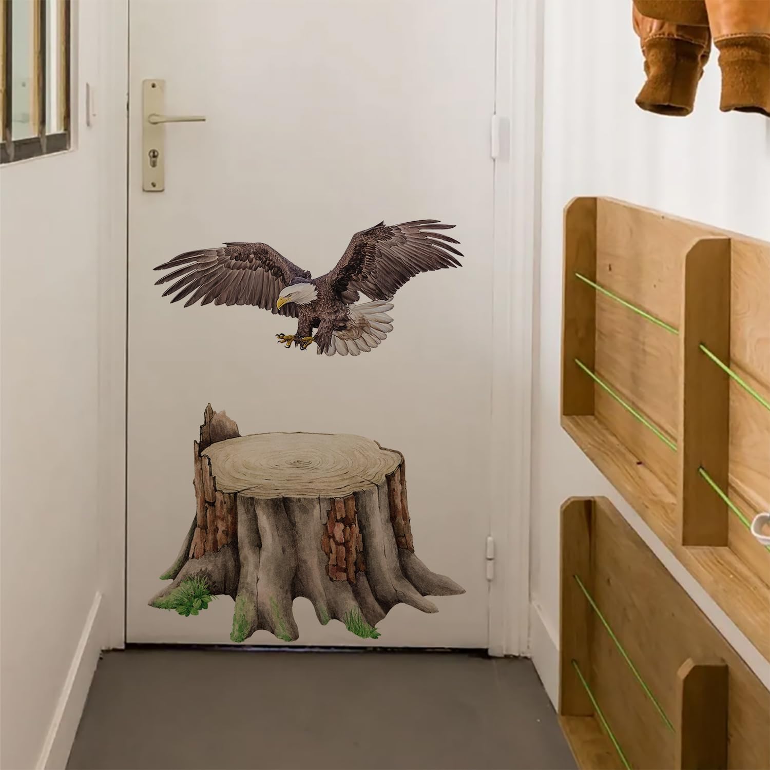 astrkiz Calcomanías de pared grandes de tocón de árbol de bosque, vinilo texturizado realista de águila calva, decoración de pared de tocón de árbol