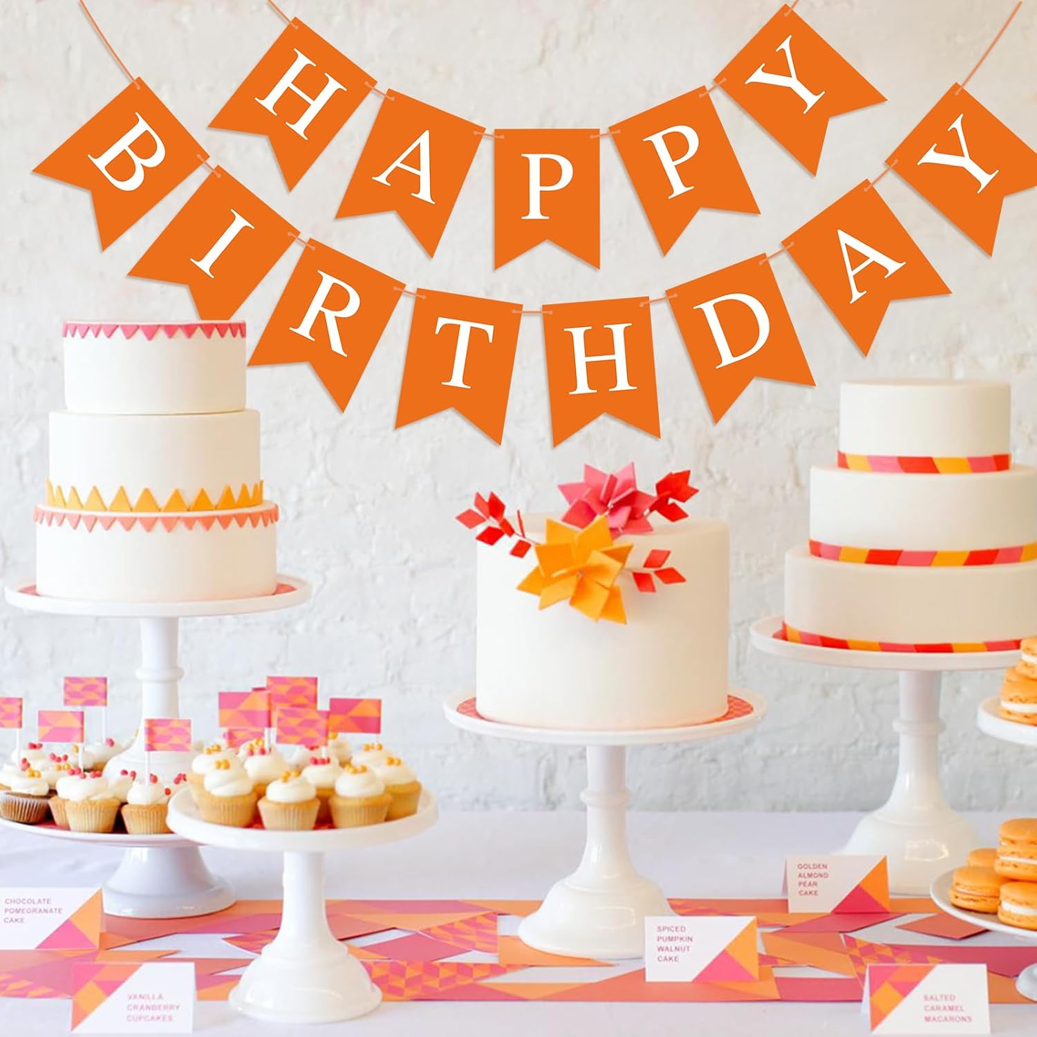 Cartel de cumpleaños naranja con texto en inglés “Happy Birthday” para niños, niñas, mujeres, cumpleaños, decoración de fiesta de té, banderines,