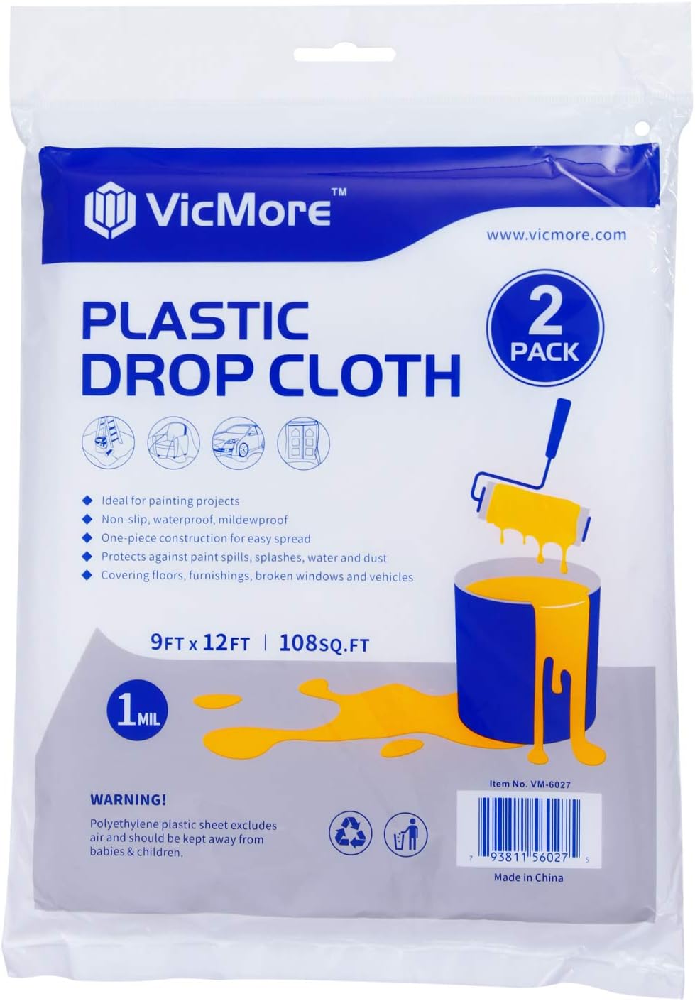 Paquete de 2 paños de plástico de 9 pies por 12 pies, cubierta de piso de pintura de plástico para muebles, cubierta impermeable y transparente
