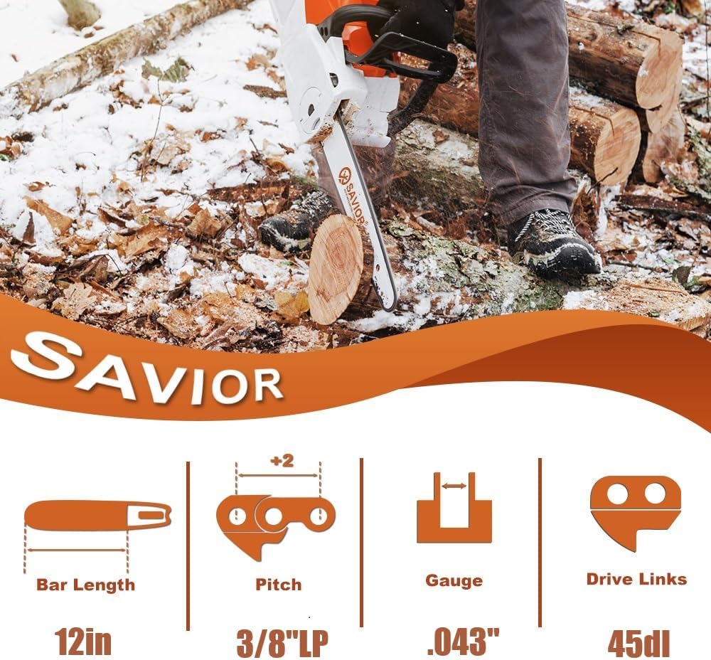 Savior Paquete de 3 cadenas de motosierra de 12 pulgadas R45 38 pulgadas LP .043 pulgadas, 45 eslabones de transmisión para DeWalt DCCS620B