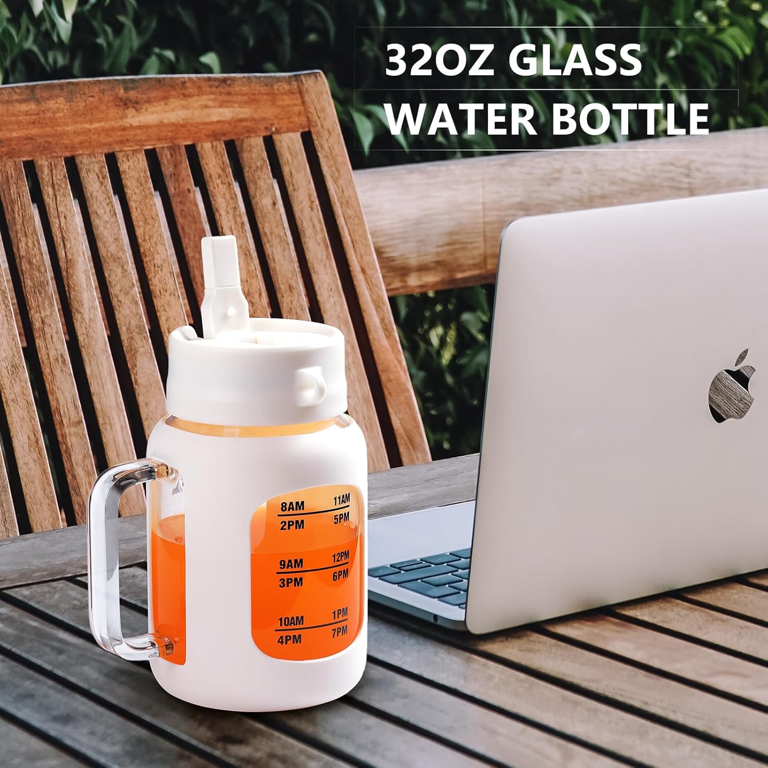Botella de agua de vidrio de 32 onzas con asa, vaso de vidrio 100% a prueba de fugas con tapa de popote incorporada, reutilizable, vaso de agua de