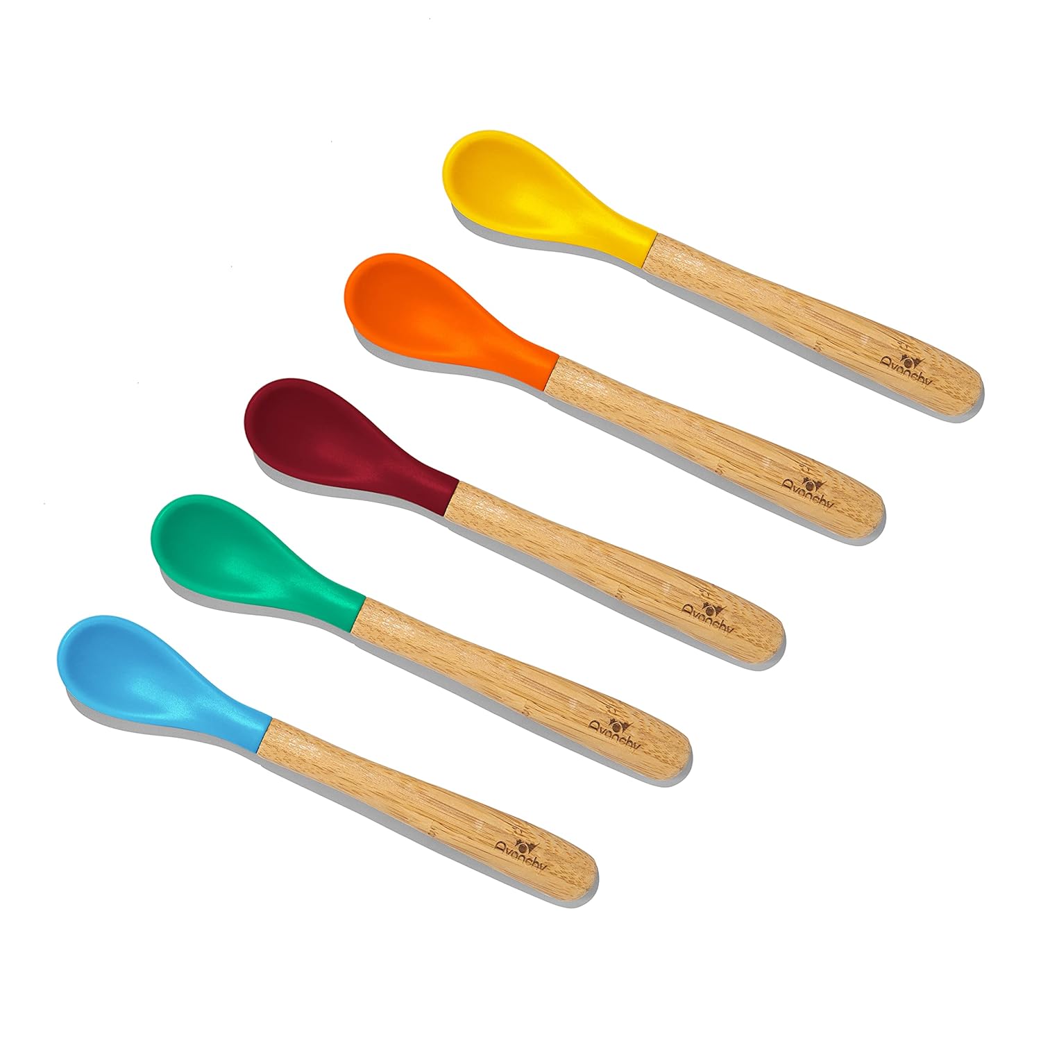 Avanchy Juego de cucharas de bambú y silicona para bebés, utensilios de alimentación autónoma, destete LED para bebés de 4 meses, 5 unidades, con