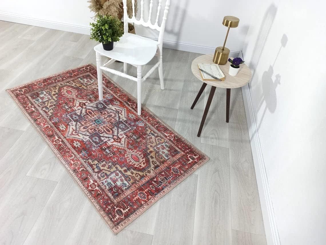 Fame Rugs Alfombras vintage bohemias para sala de estar, dormitorio, rojo apagado, 2 pies 4 pulgadas x 9 pies 8 pulgadas