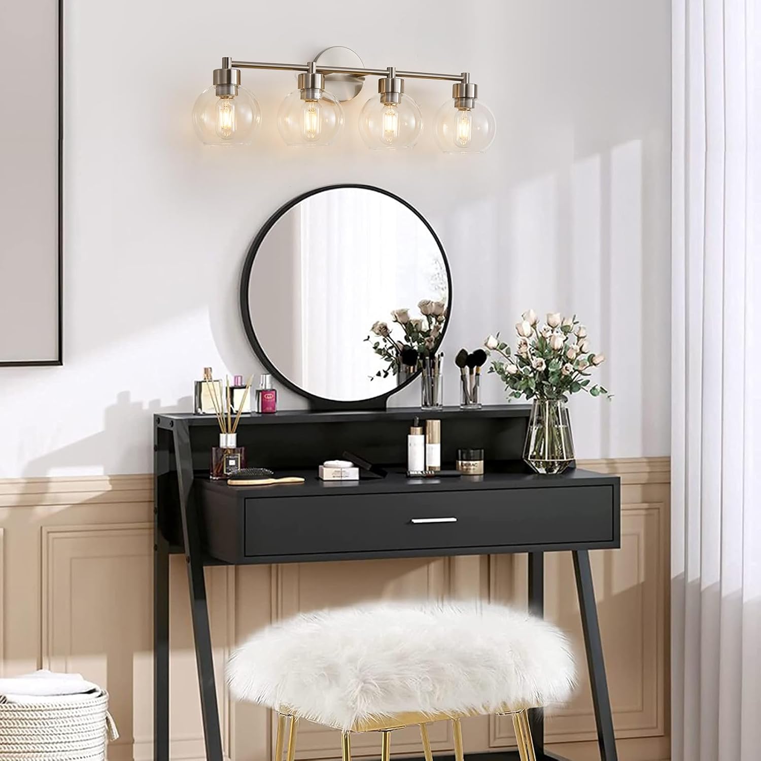 Lámparas de baño, 4 luces de tocador de baño, acabado redondo de níquel cepillado, luces de tocador de baño con pantallas de vidrio transparente de