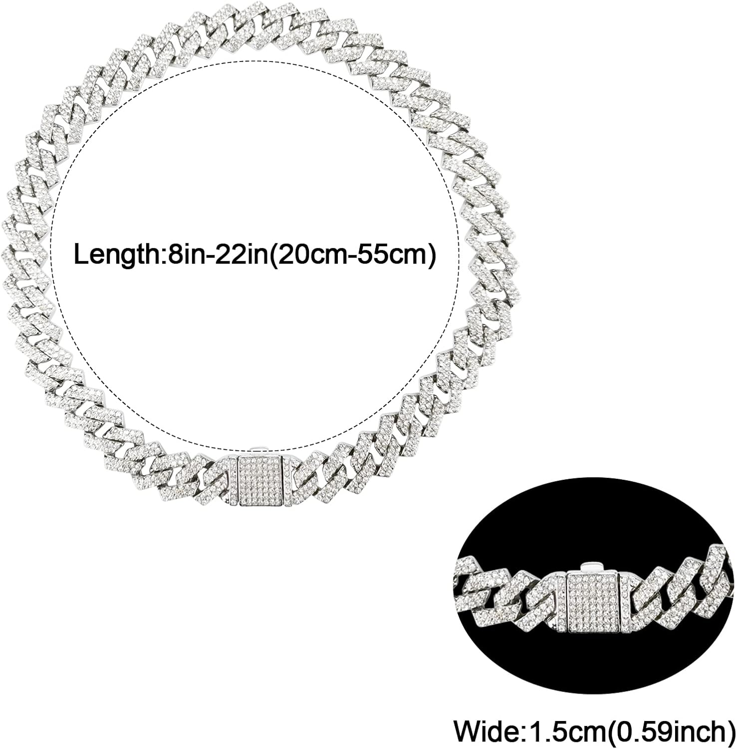 KOLODOGO Collar de cadena para perro, collar cubano de diamante con purpurina, collar de cadena de metal para caminar con diseño de hebilla segura