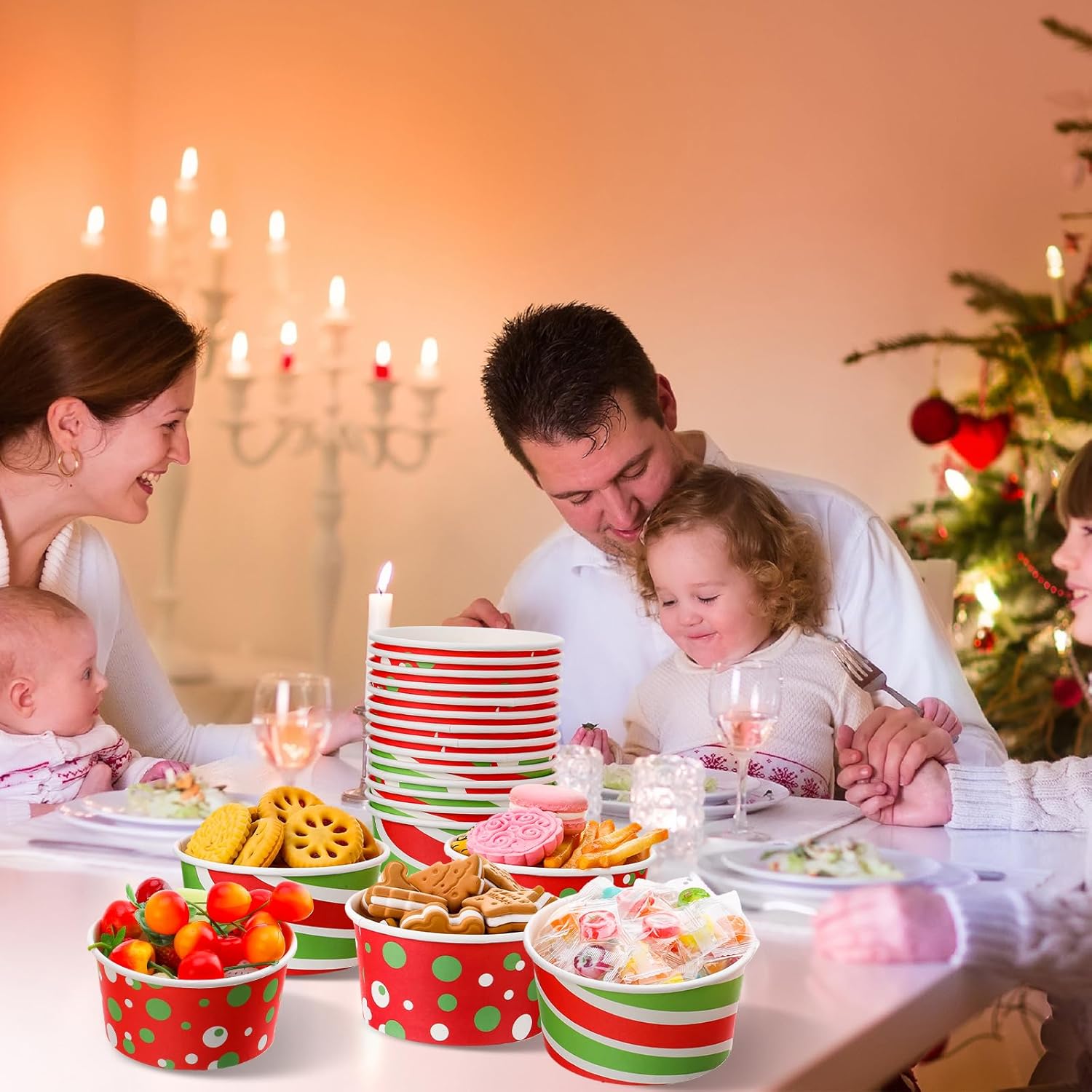 Paquete de 72 tazas de aperitivos de Navidad de 16 onzas, tazas desechables para helado, cuencos de papel para yogur, tazas de postre, vasos de