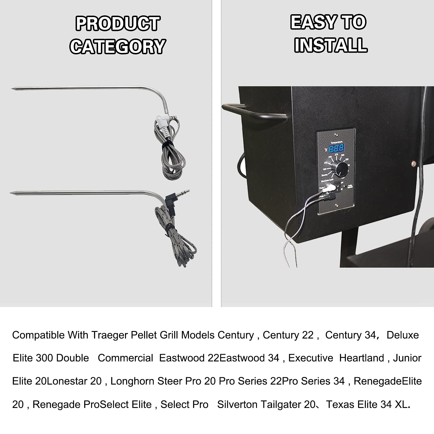 Repuesto para parrillas Traeger de sonda de carne y piezas para ahumadores de pellets, compatible con parrillas Traeger, 2 sondas de temperatura
