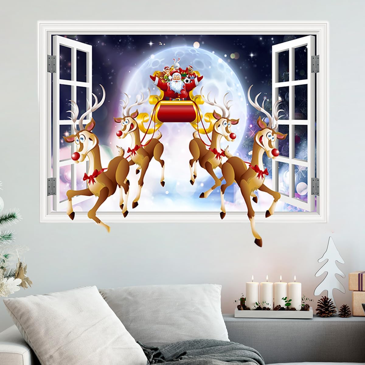 Calcomanías de pared de Navidad 3D, calcomanías de pared de Navidad de renos de Papá Noel, removibles, calcomanías de pared de Navidad para Navidad,