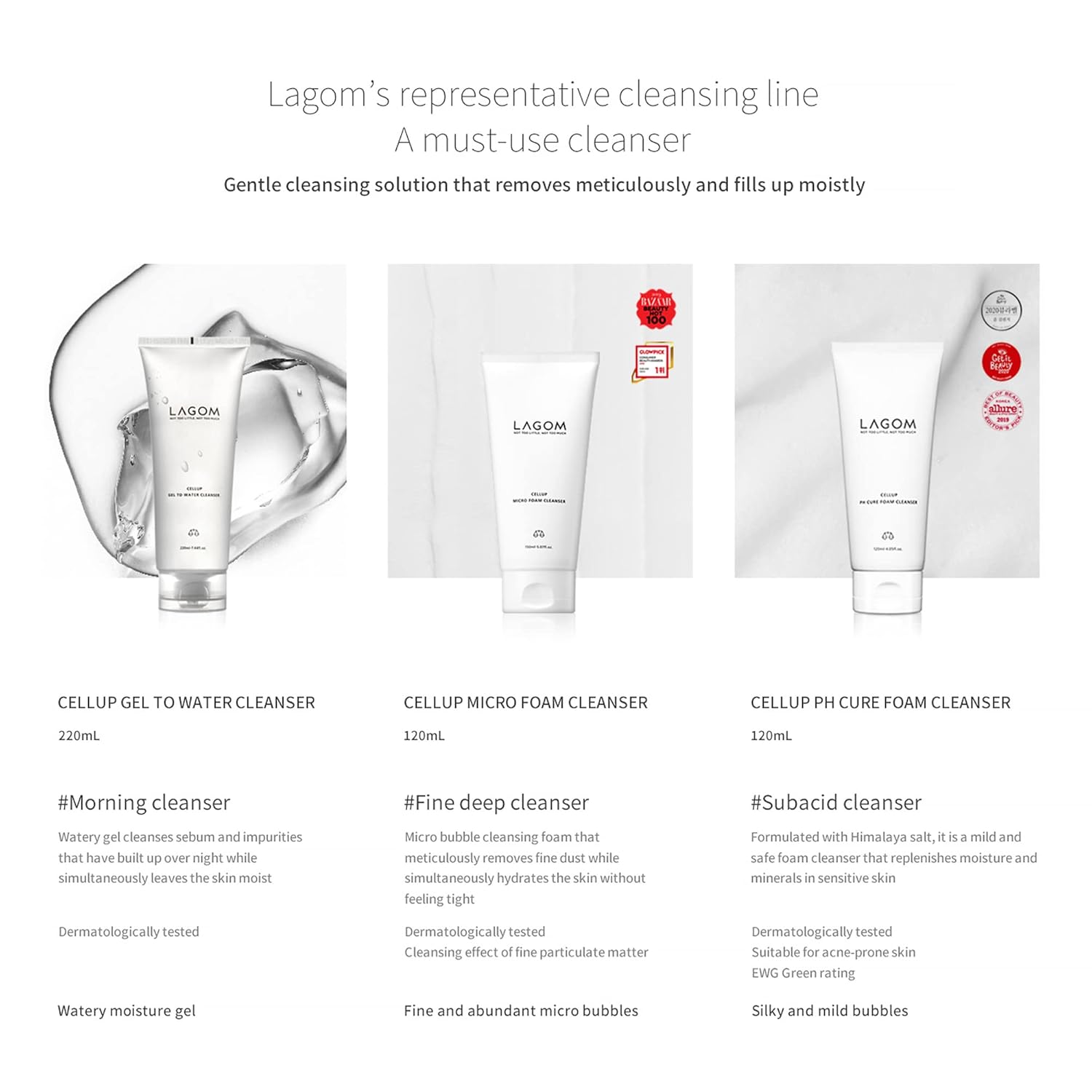 LAGOM Cellup – Limpiador de espuma para curar pH, crema de limpieza profunda natural, equilibrio de pH 5.5, subácidos, sin alcohol, suave, sedoso,