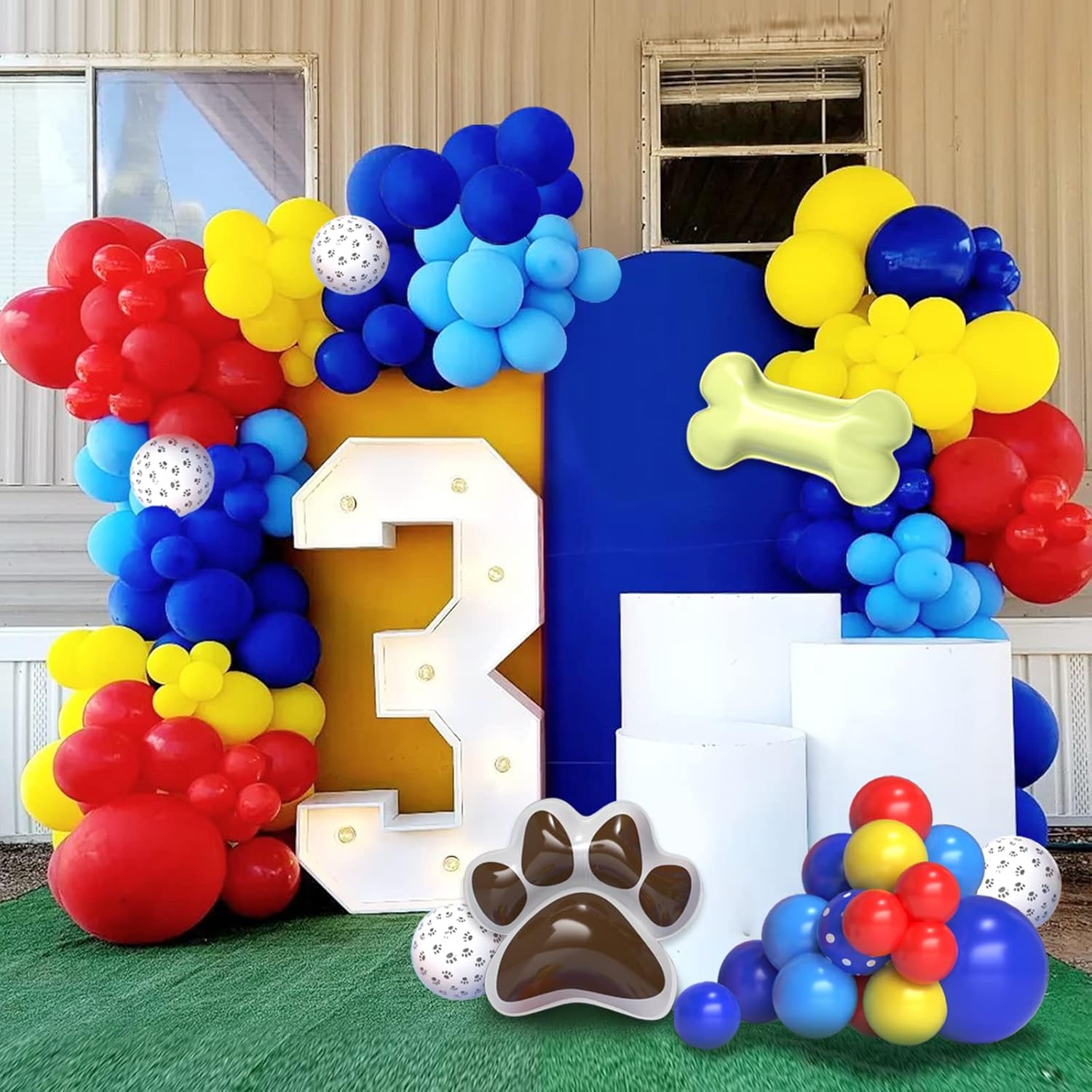 Kit de guirnalda de globos de cumpleaños con patas de perro rojas, amarillas, azules, globos manchados azules y globos de papel de aluminio de hueso