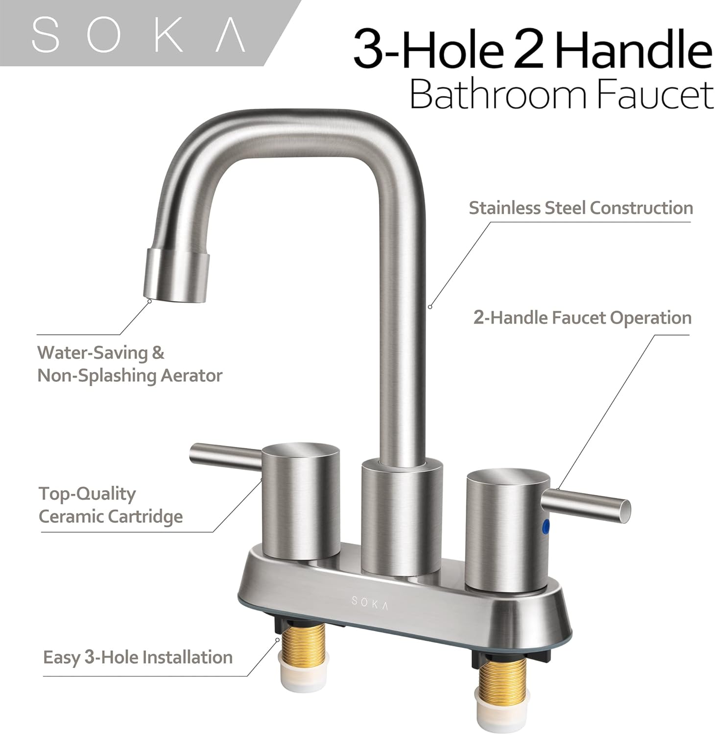 SOKA Centerset – Grifo de baño con 2 asas de 4 pulgadas, fregadero de mano comercial, grifo táctil de 3 agujeros, níquel cepillado, palanca L