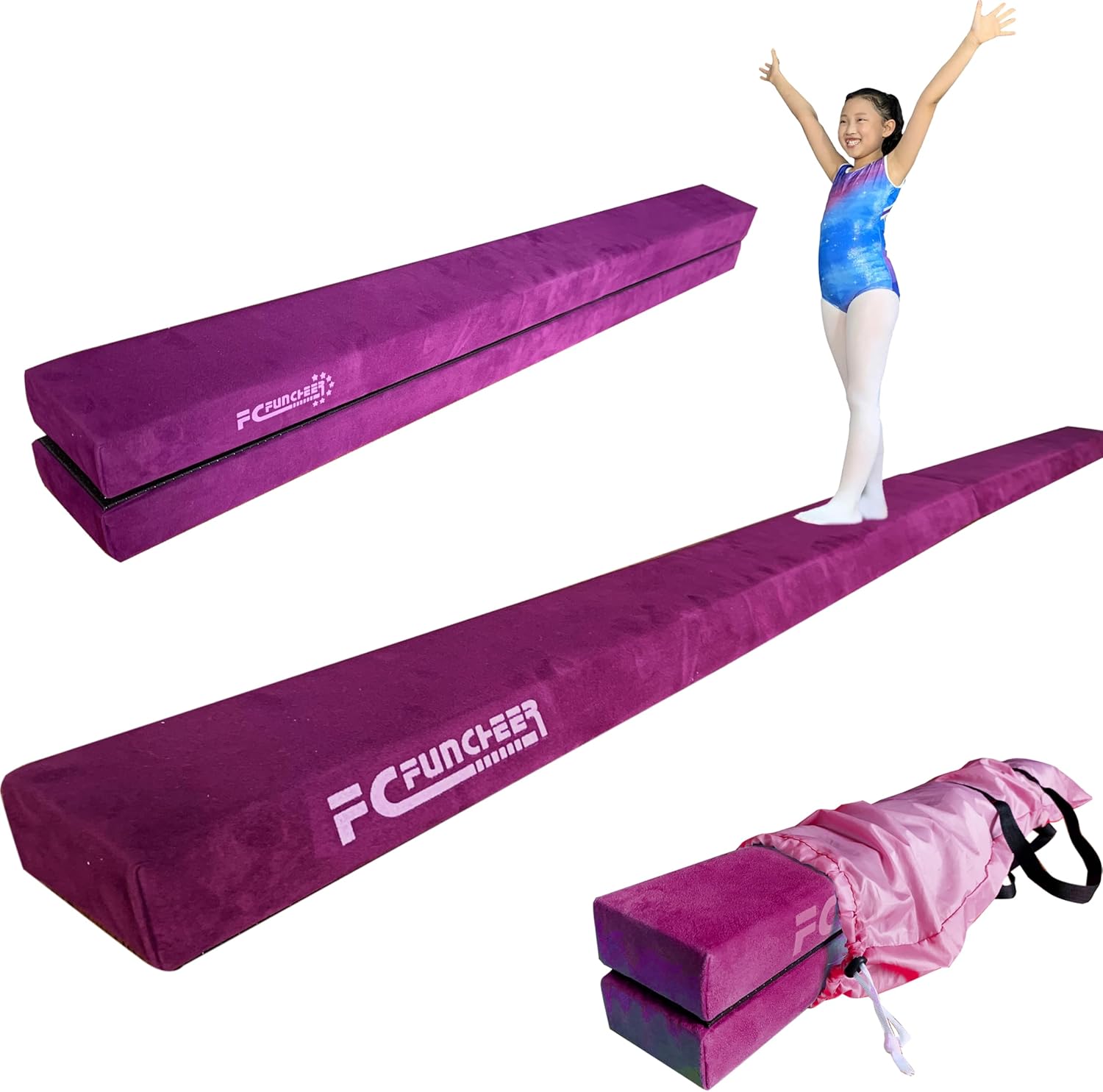 Viga de equilibrio plegable de 8 pies, haz de gimnasia, haz de piso con núcleo de madera, parte inferior antideslizante, cubierta de gamuza