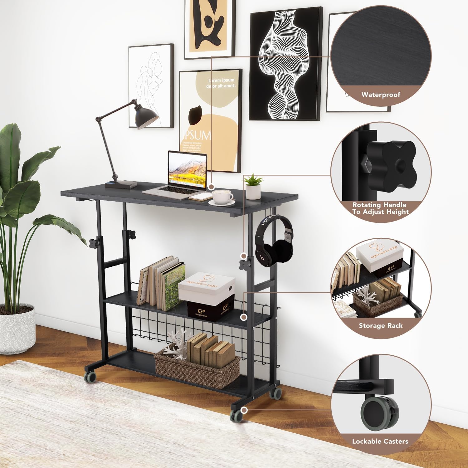 AIZ Almacenamiento para portátil para espacios pequeños, mesa móvil con ruedas para sofá, dormitorio, escritorio portátil para estudiantes, color