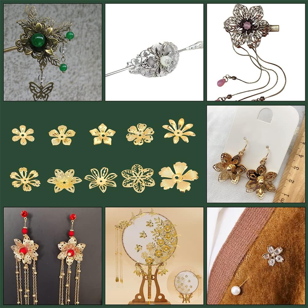 PandaHall – 200 tapas de cuentas de flores, 10 estilos de cuentas espaciadoras de filigrana, tapas de cuentas de metal para aretes de bricolaje,