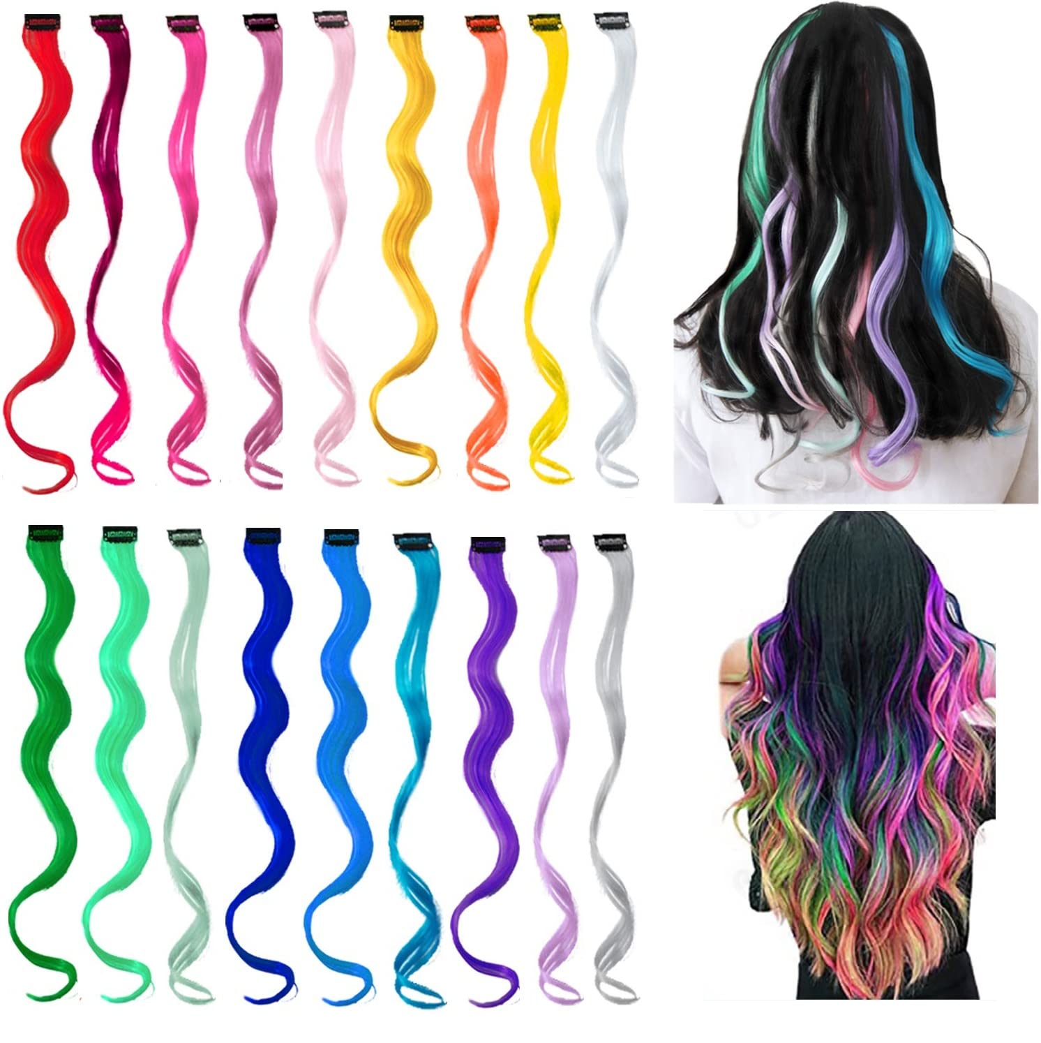 18 paquetes de extensiones de cabello rizado colorido con clip de 20 pulgadas, extensiones de cabello rizado con clip para mujeres y niños,