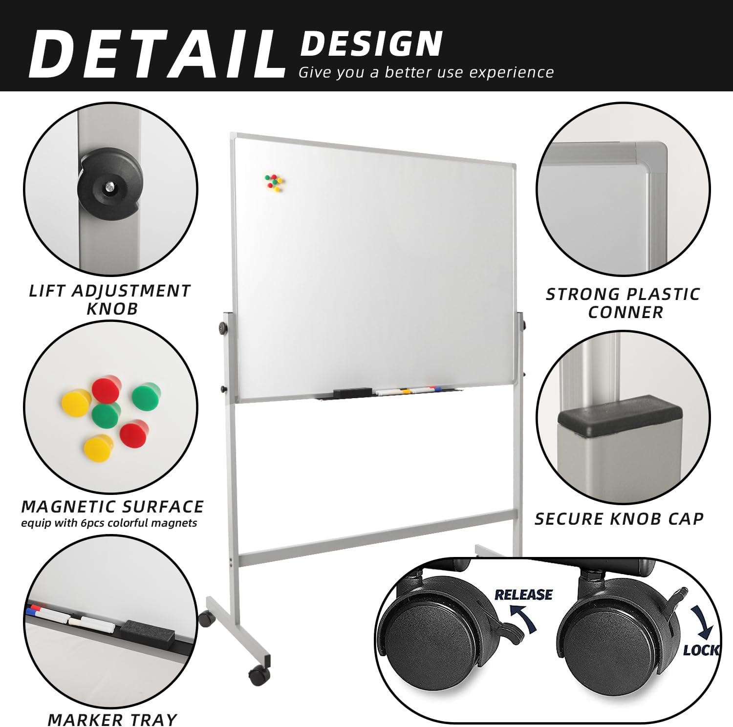 Pizarra blanca móvil de 48 x 36 pulgadas, pizarra magnética de borrado en seco de doble cara reversible de 360 con soporte rodante portátil sobre