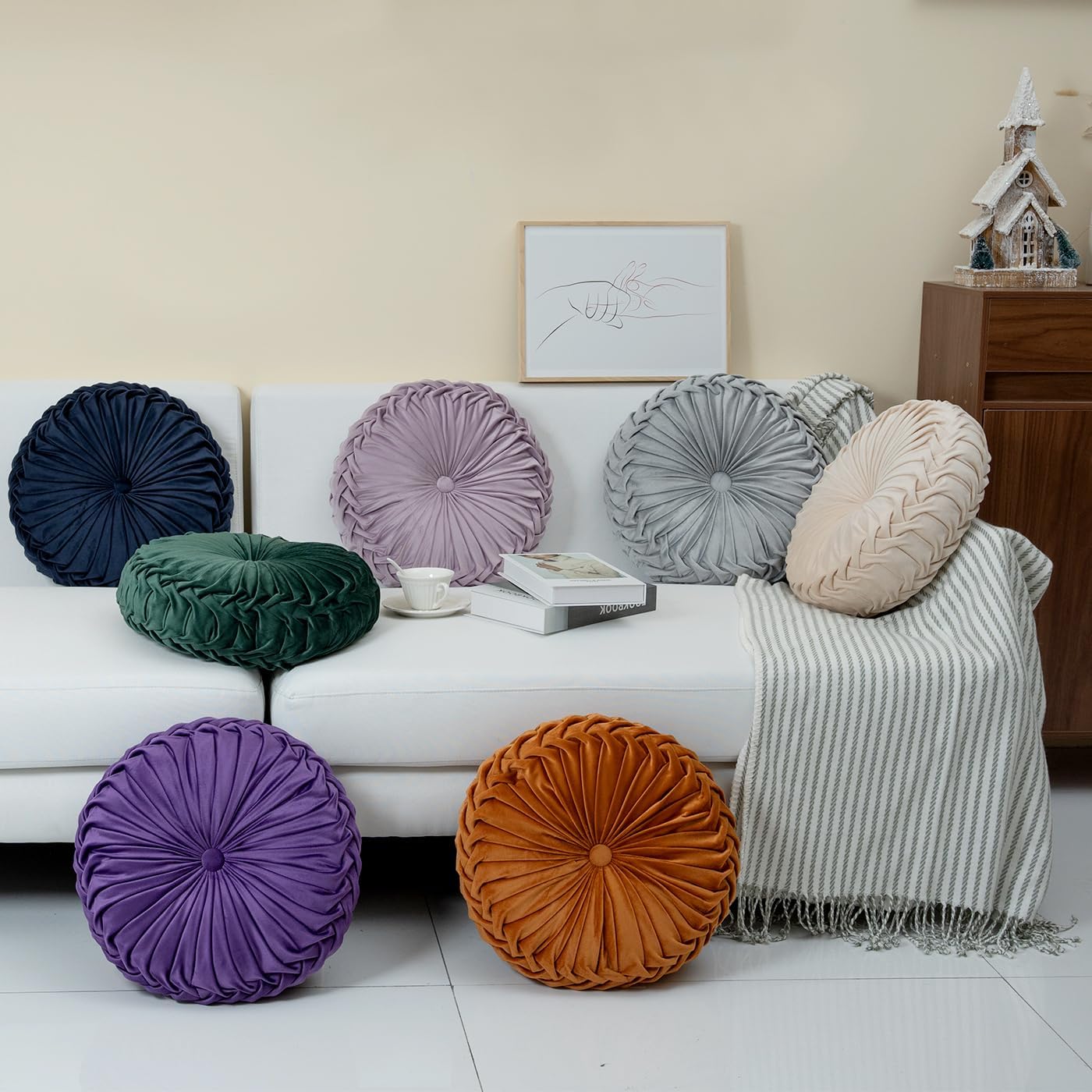 Sioloc Almohada redonda de terciopelo para decoración del hogar, cojín plisado para sofá, silla, cama y automóvil (morado, 15.7 pulgadas)