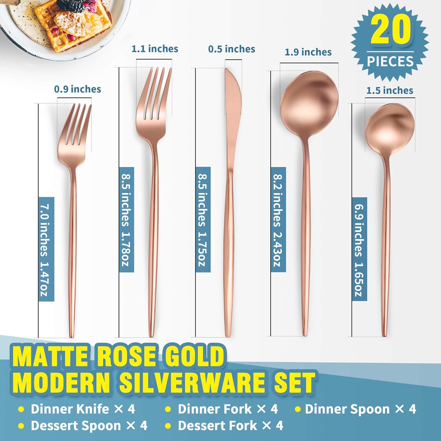 Juego de cubiertos de oro rosa mate, moderno juego de cubiertos de acero inoxidable, 20 piezas, servicio de cubiertos para 4, juego de utensilios de