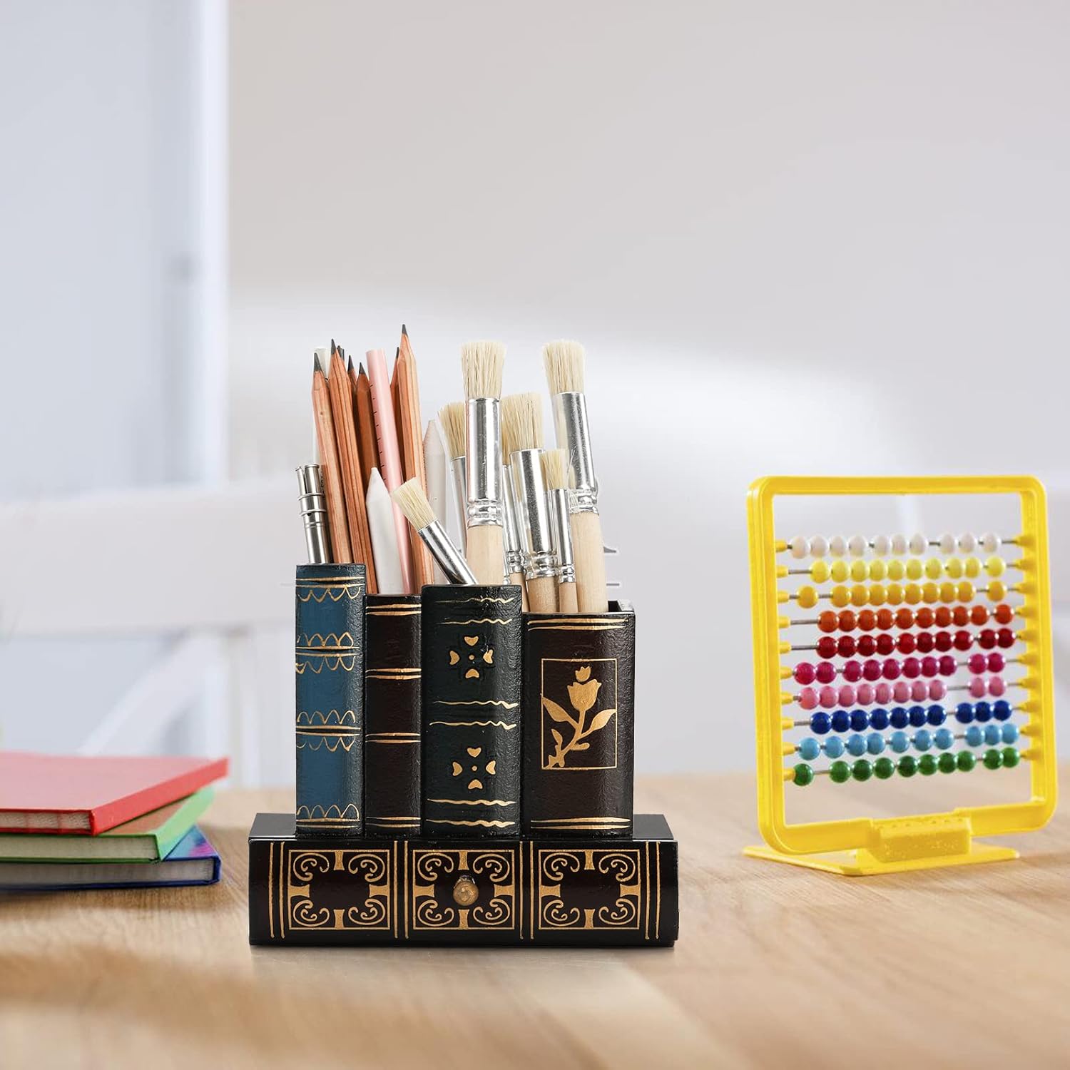 Tosnail Soporte decorativo para bolígrafos con cajón de almacenamiento, organizador de lápices de madera, organizador de libros de biblioteca