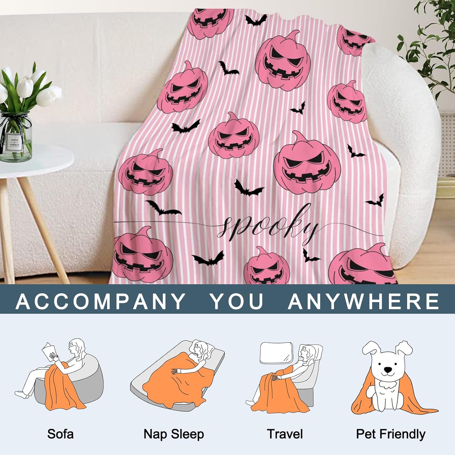 Neatee Living Manta de Halloween con diseño de calabazas espeluznantes, color rosa, bonita, ligera, mullida, acogedora, suave, manta de forro polar
