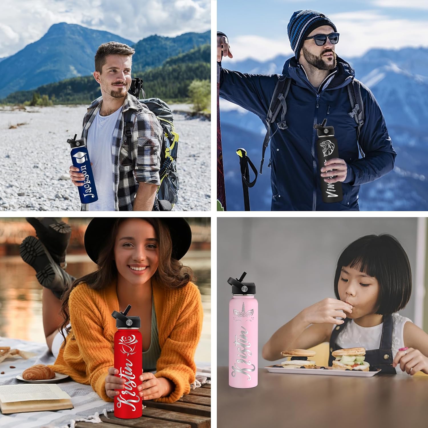 Yananka Botellas de agua personalizadas con tapa con pajilla, botella de agua personalizada aislada de acero inoxidable con nombre grabado, texto,