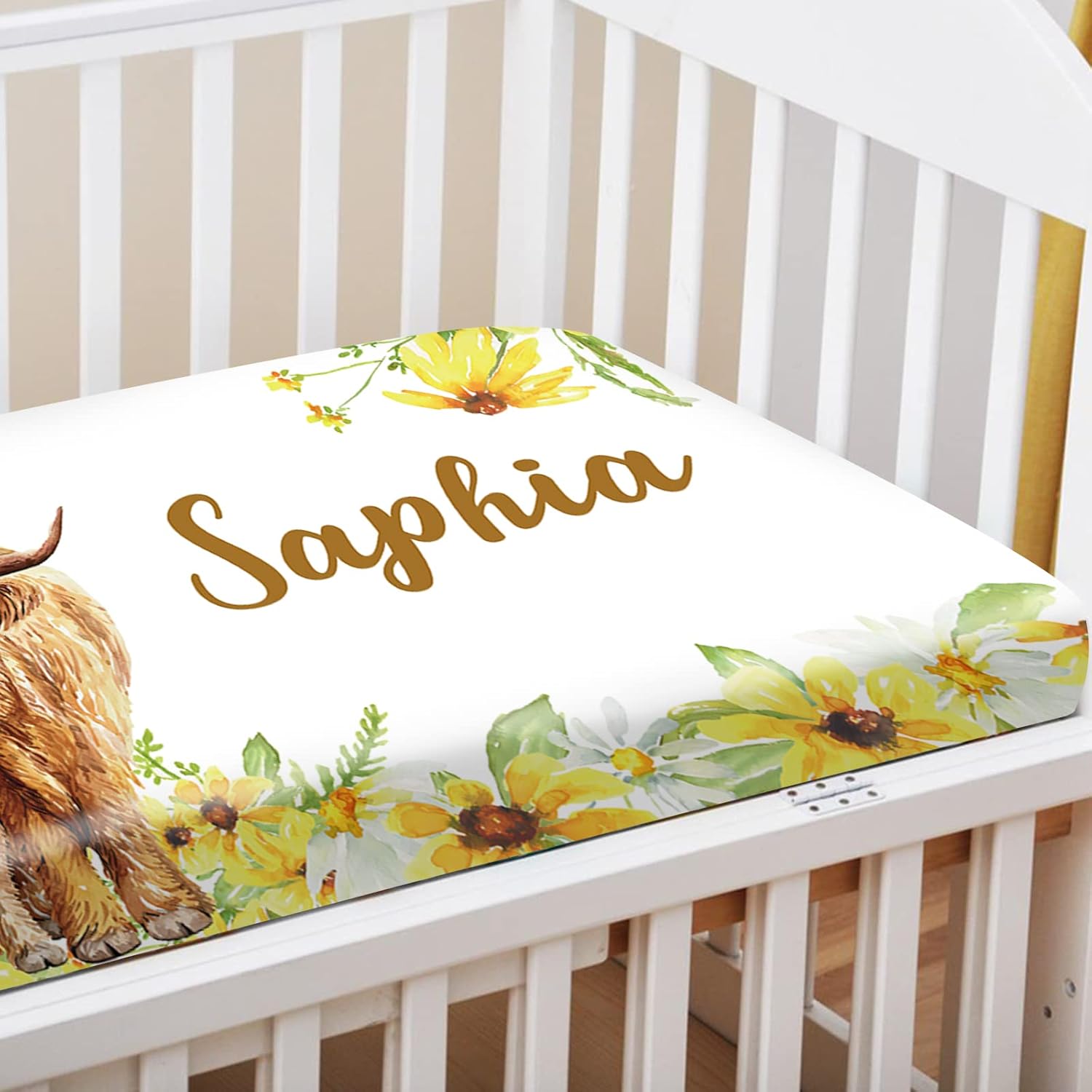 Juego de ropa de cama personalizado para cuna de vaca de las tierras altas amarillas para bebé, juegos de cuna de bebé personalizados con nombre,