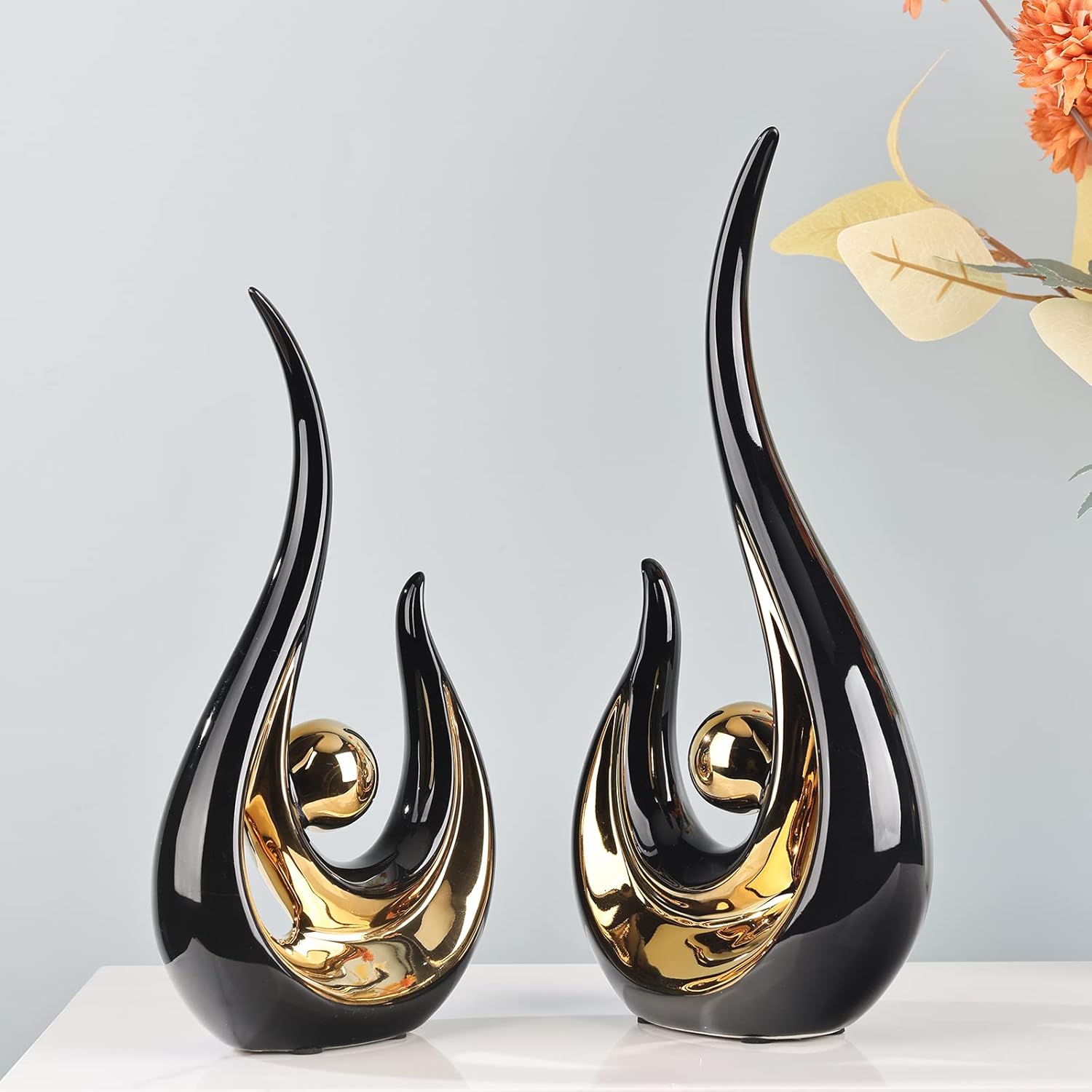 Acento de decoración del hogar negro y dorado de 11.2 pulgadas de alto, centro de mesa de centro moderno de mediados de siglo, figuras modernas de