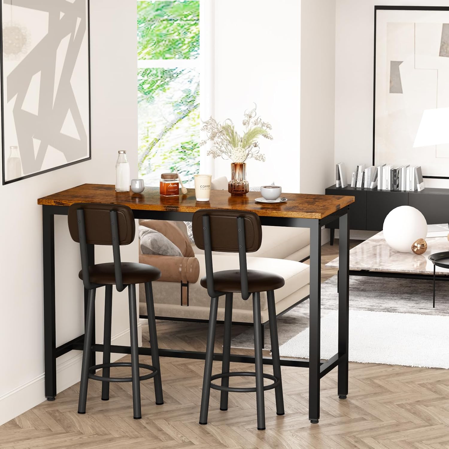 Lamerge Mesa industrial de altura de pub con 2 taburetes tapizados de poliuretano, mesa de cocina y sillas de 3 piezas, apto para comedor, sala de
