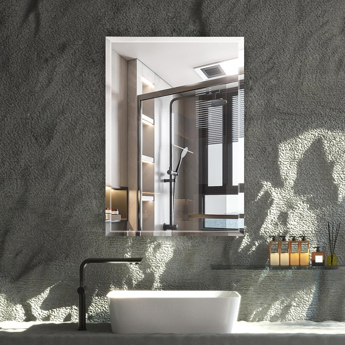 B&C Espejo rectangular sin marco de 24 x 36 pulgadas, borde biselado pulido de 1 pulgada, espejo de tocador de baño para pared, espejo simple moderno