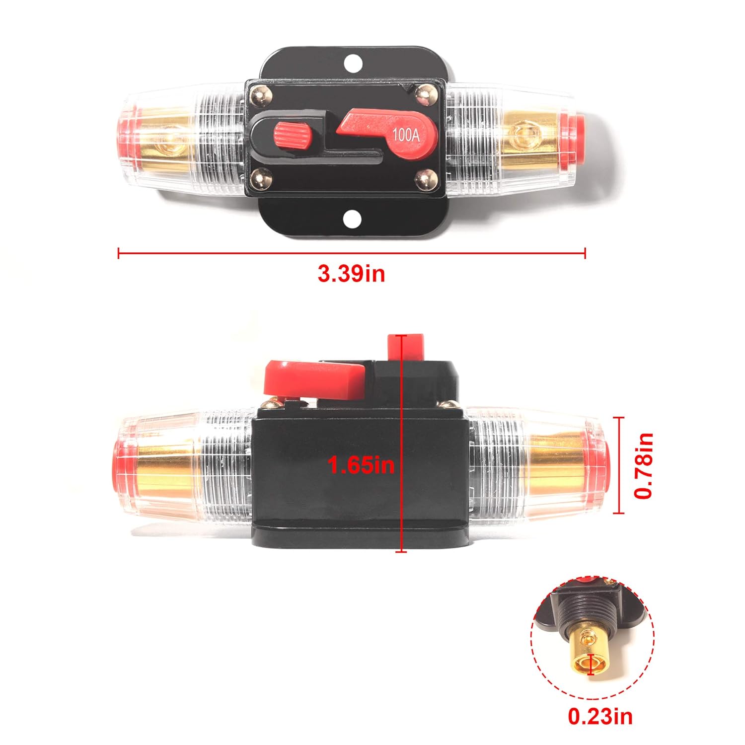 Disyuntor de audio de automóvil en línea de 100 A, 2 unidades, 12-24 V CC con reinicio manual, para audio de automóvil, interruptor estéreo de