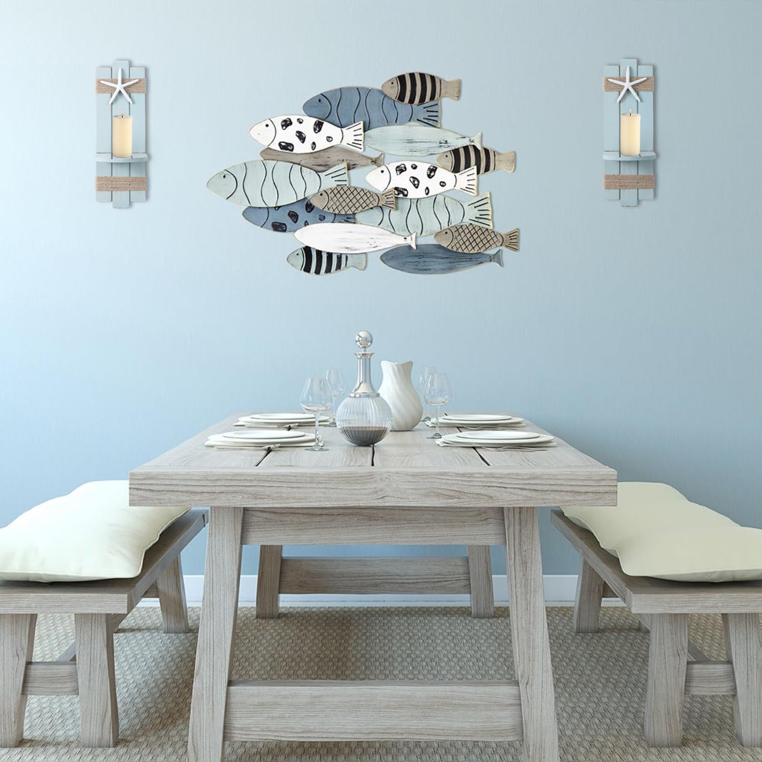 SOMTO Juego de 2 candelabros de pared con diseño de estrella de mar de playa, decoración de pared con temática náutica, portavelas de pared,