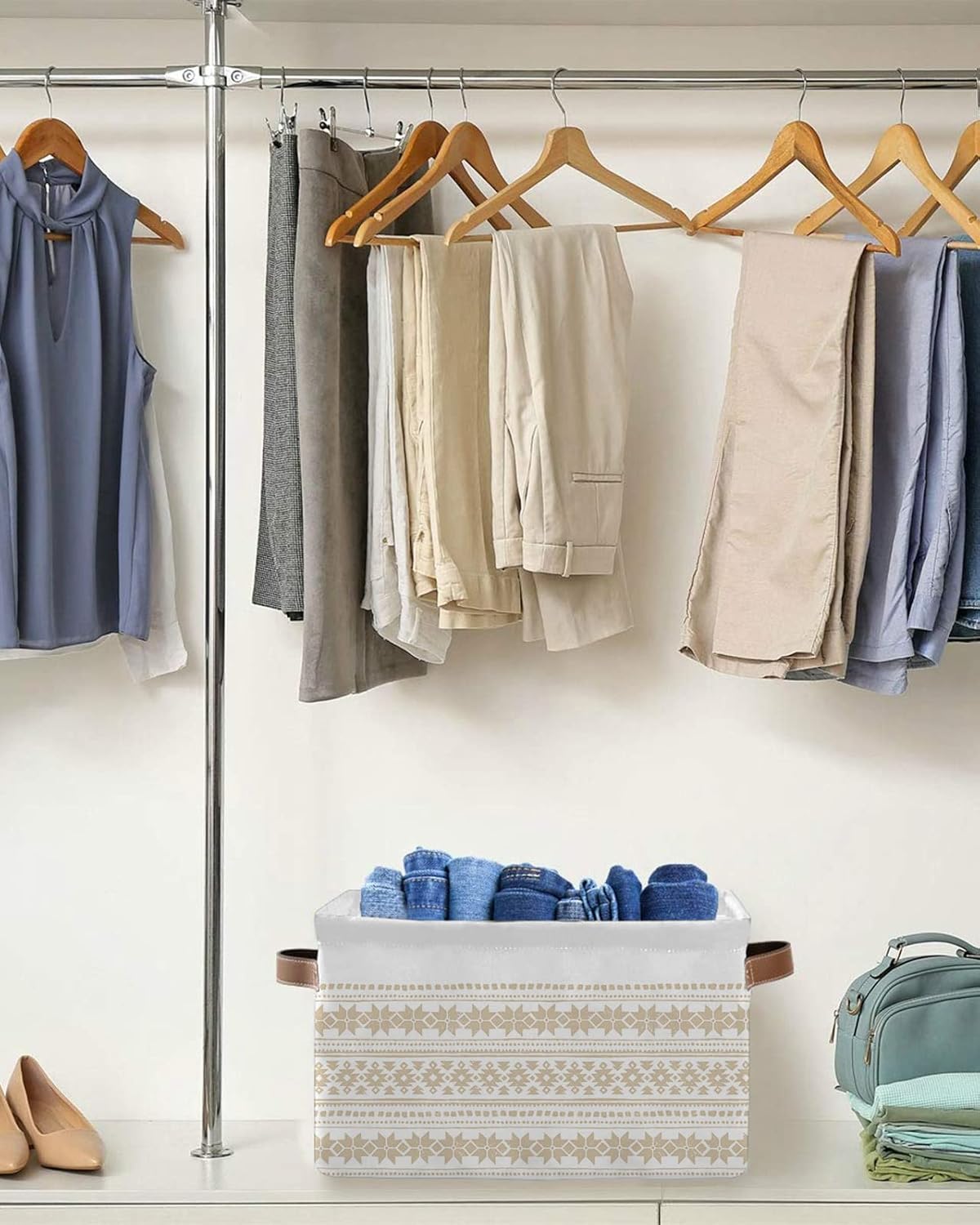 Cesta de almacenamiento bohemia beige para organizar estantes, cajas de almacenamiento plegables con asa, cesta de lona de arte abstracto geométrico