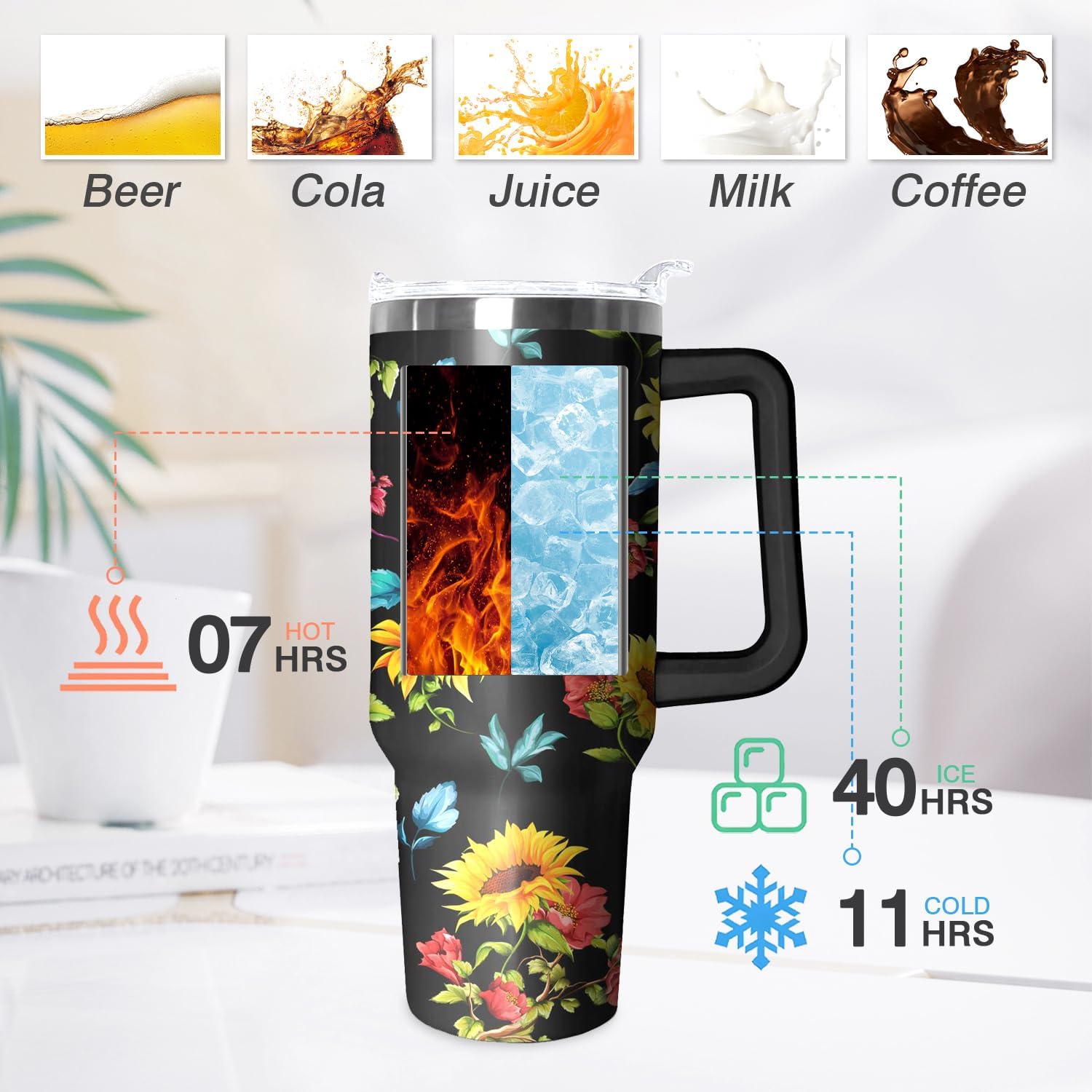 Vaso de 40 onzas con asa y tapa con pajilla, Sumflower de doble pared al vacío, botella de agua caliente o fría, reutilizable, taza de viaje de