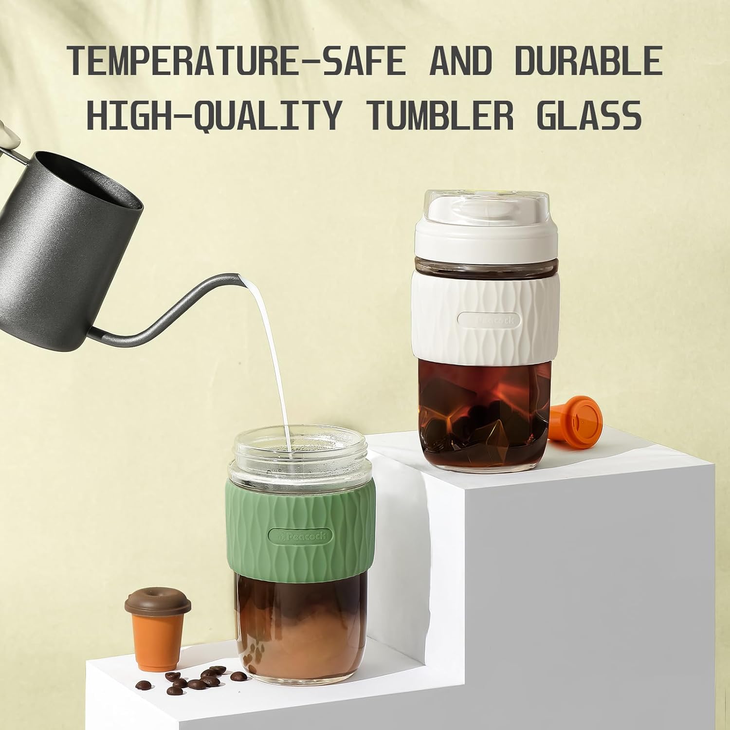 Vaso de vidrio de 16 onzas con popote y tapa, taza de café de vidrio de doble bebida con funda de silicona, vaso de café a prueba de fugas para