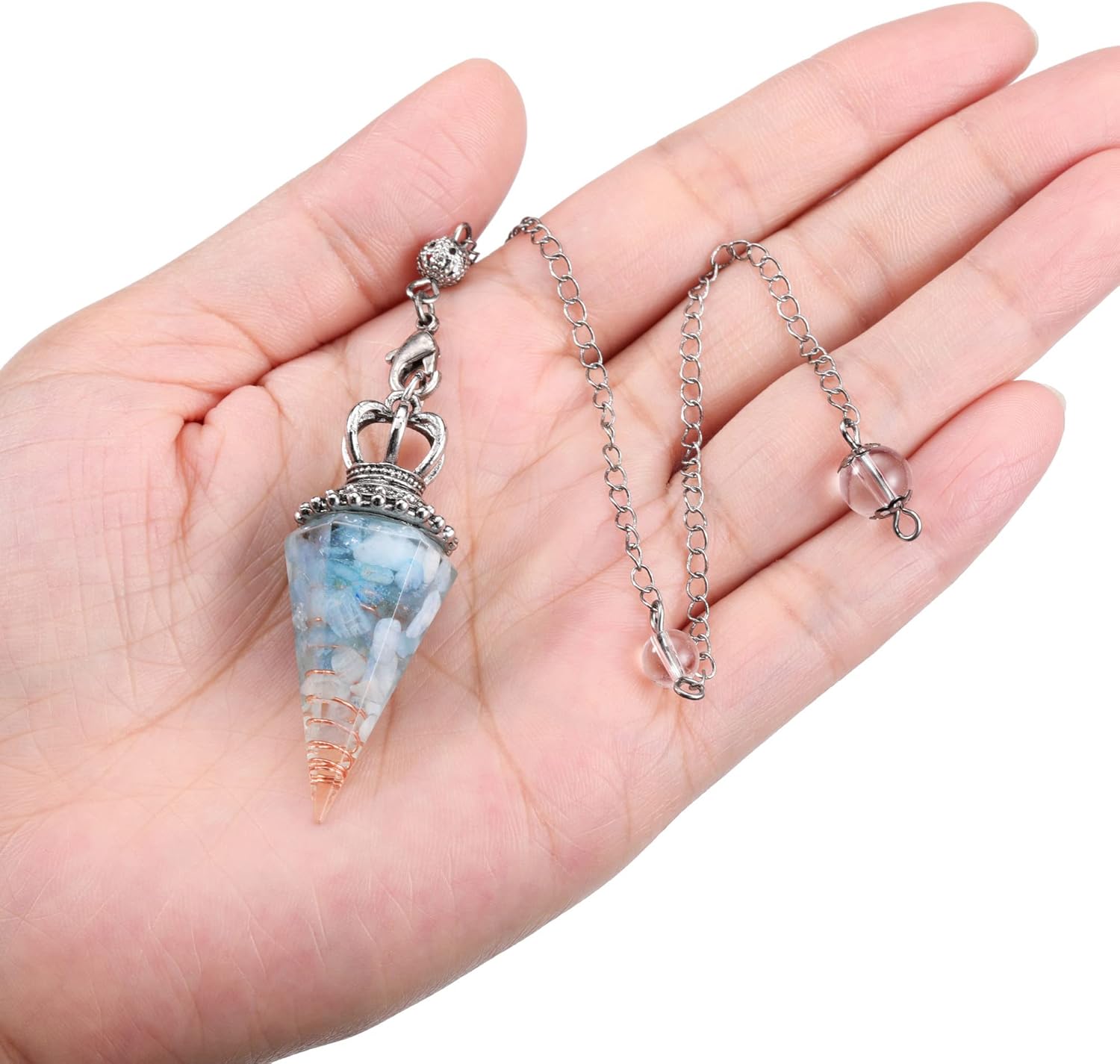 Top Plaza Cristal de péndulo de aguamarina para bruja con piedras preciosas de radiestesia, péndulo de equilibrio de reiki, espiritual de 6 facetas,