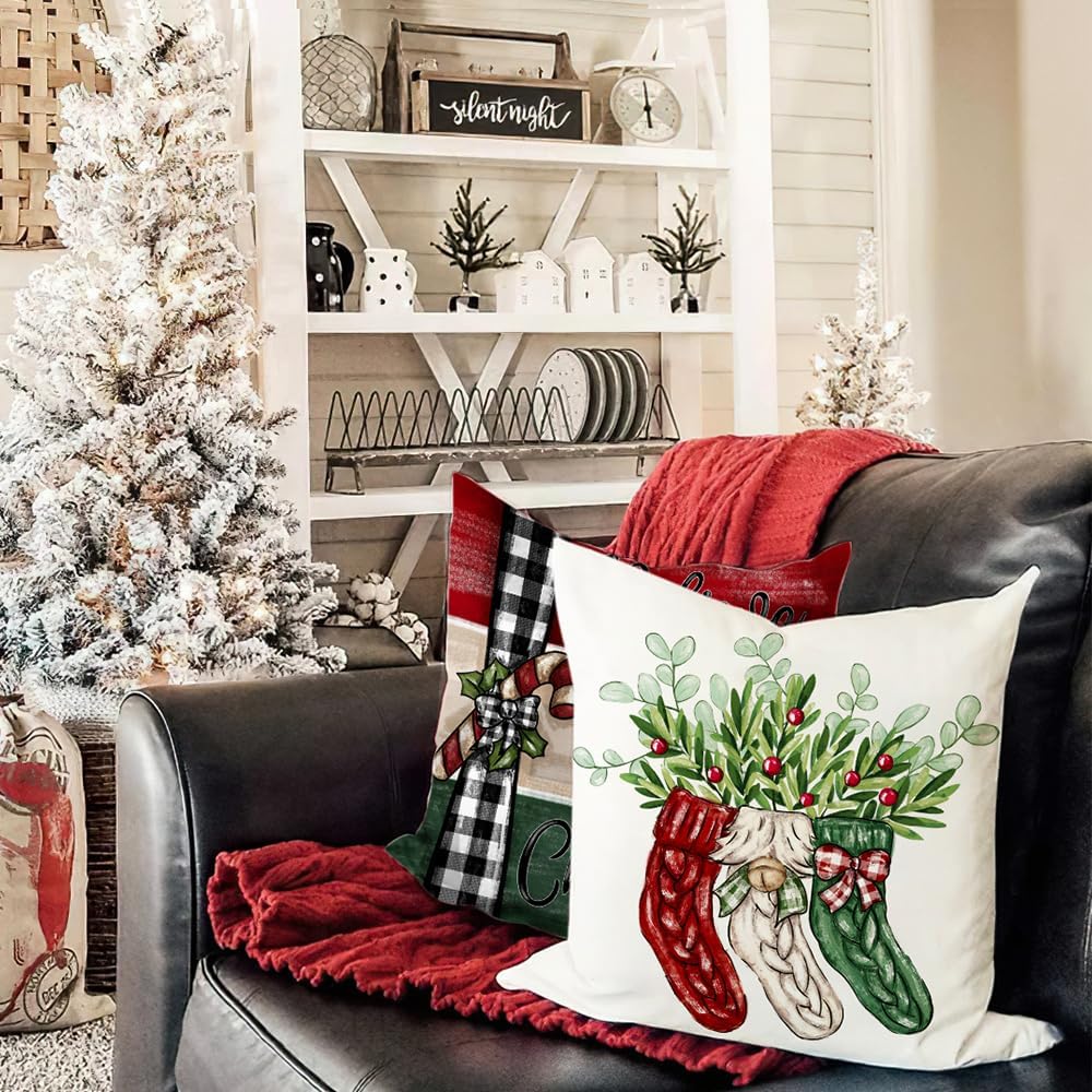 DFXSZ Juego de 4 fundas de almohada navideñas de 18 x 18 pulgadas, fundas de almohada de lana cuadriculada, fundas decorativas de eucalipto, fundas