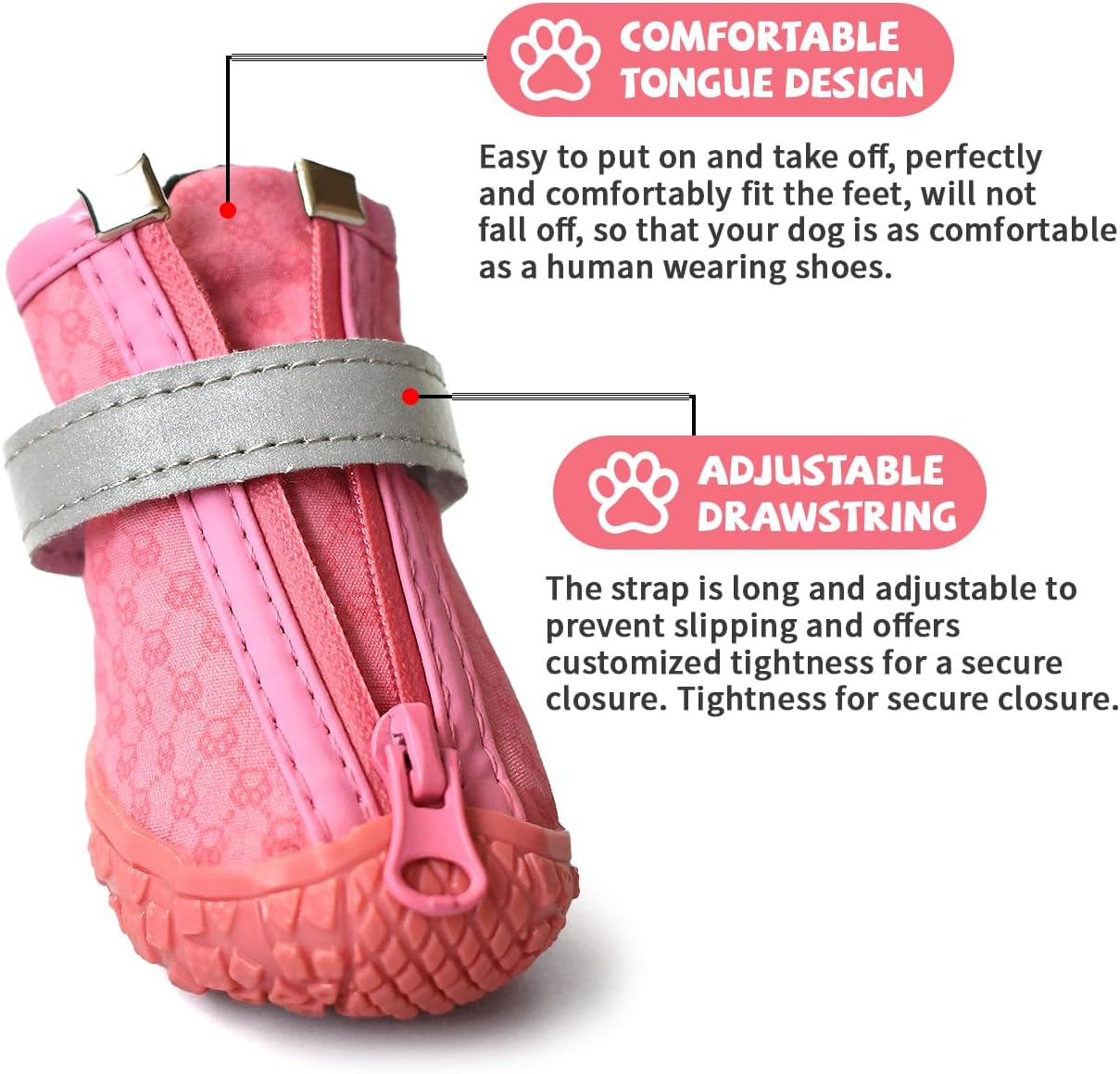 Zapatos rosas para perros pequeños, botas antideslizantes para perros con tiras reflectantes, protectores de patas de cachorro para exteriores,
