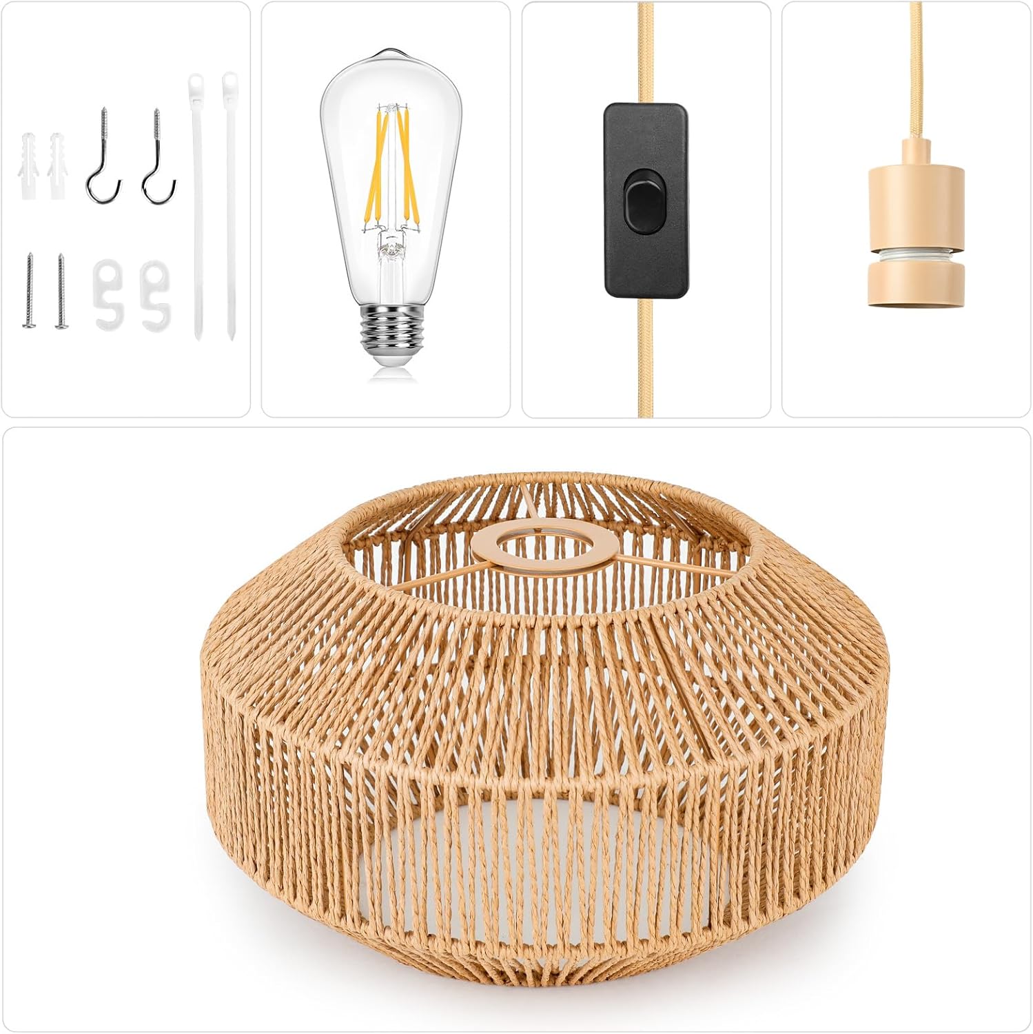Lámpara colgante de ratán tejido de papel con enchufe, lámpara colgante bohemia rústica para cocina, comedor, dormitorio, entrada, con bombilla