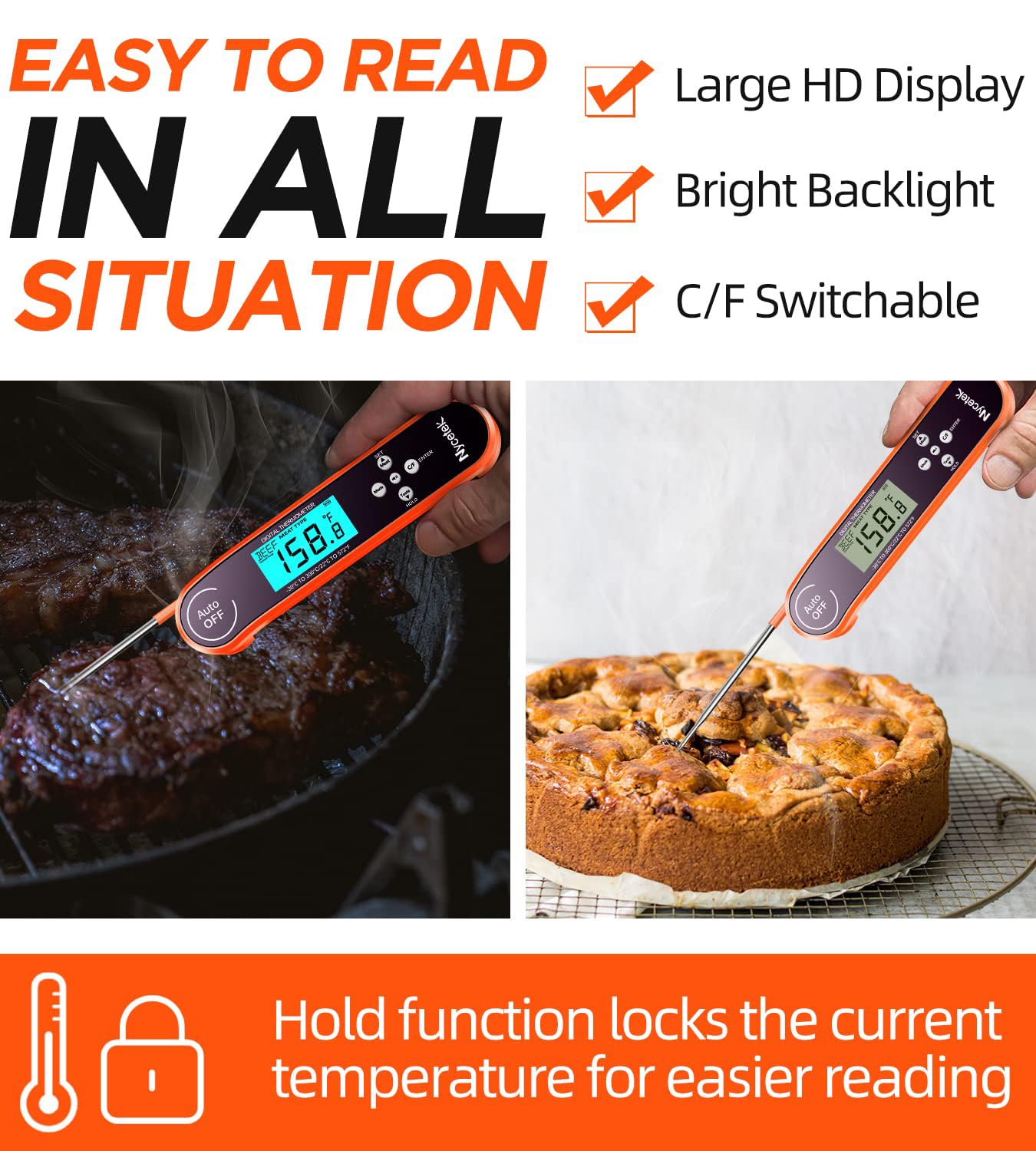 Digital Cooking Thermometer, Accurate & Waterproof Instant Read Meat Thermometer with Backlit, Calibration, Probe, Food Thermometer for Kitchen,