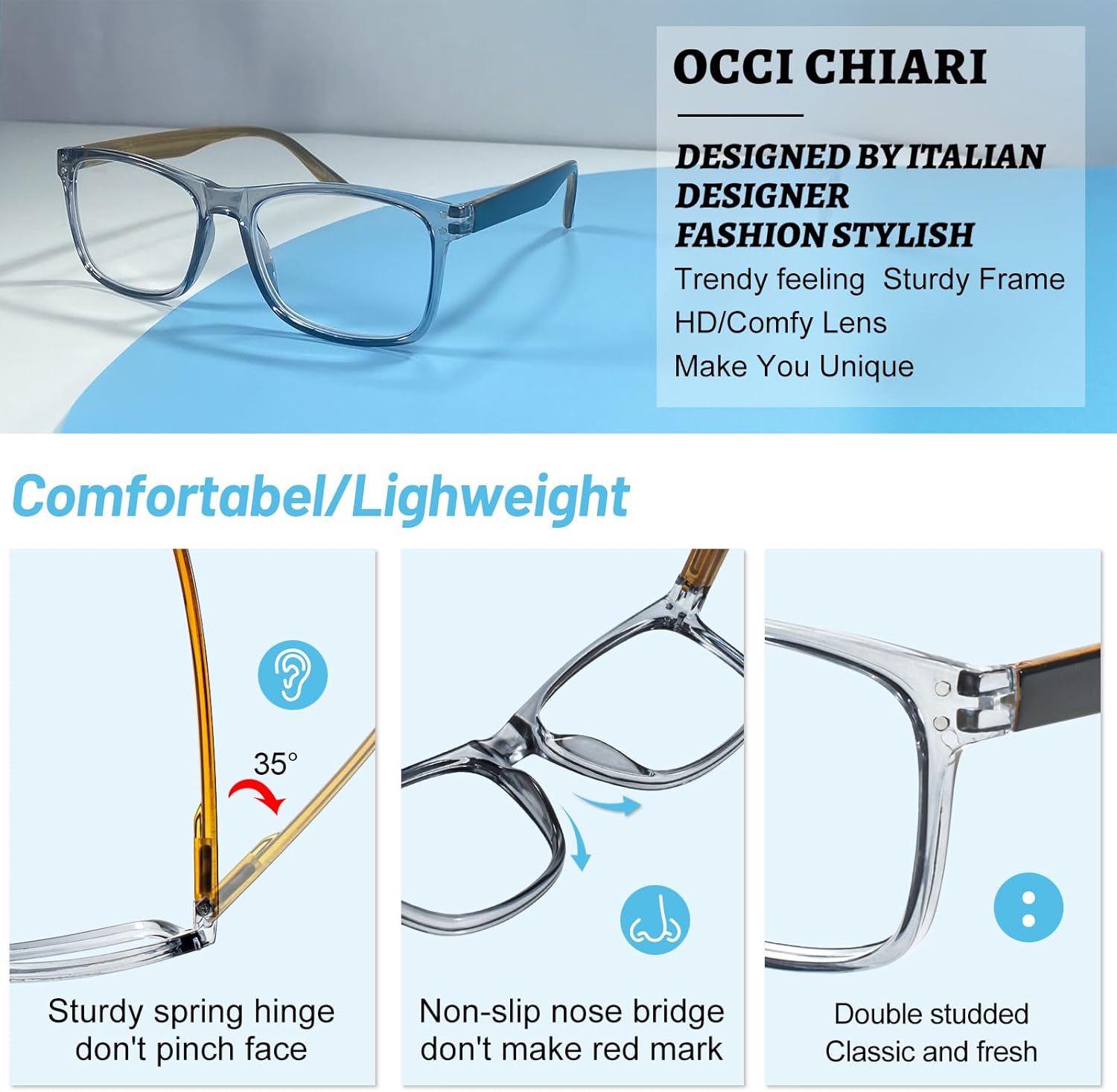 OCCI CHIARI Gafas de lectura para hombres lectores rectangulares de moda (1.0 1.25 1.5 1.75 2.0 2.25 2.5 2.75 3.0 3.5 4.0 5.0 6.0)