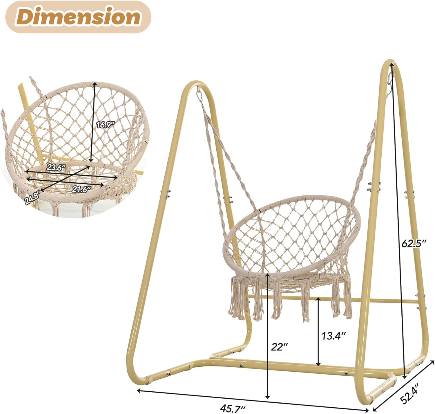 Merax Silla columpio hamaca con soporte, silla colgante resistente con borlas para dormitorio, interior, color beige
