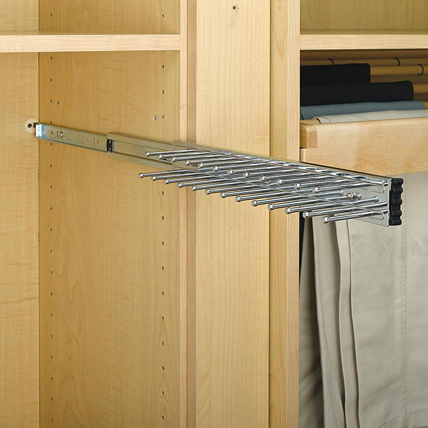 Rev-A-Shelf Soporte extraíble de 12 pulgadas de montaje lateral extensible para armario y cinturón de almacenamiento para hasta 23 lazos, cromo,