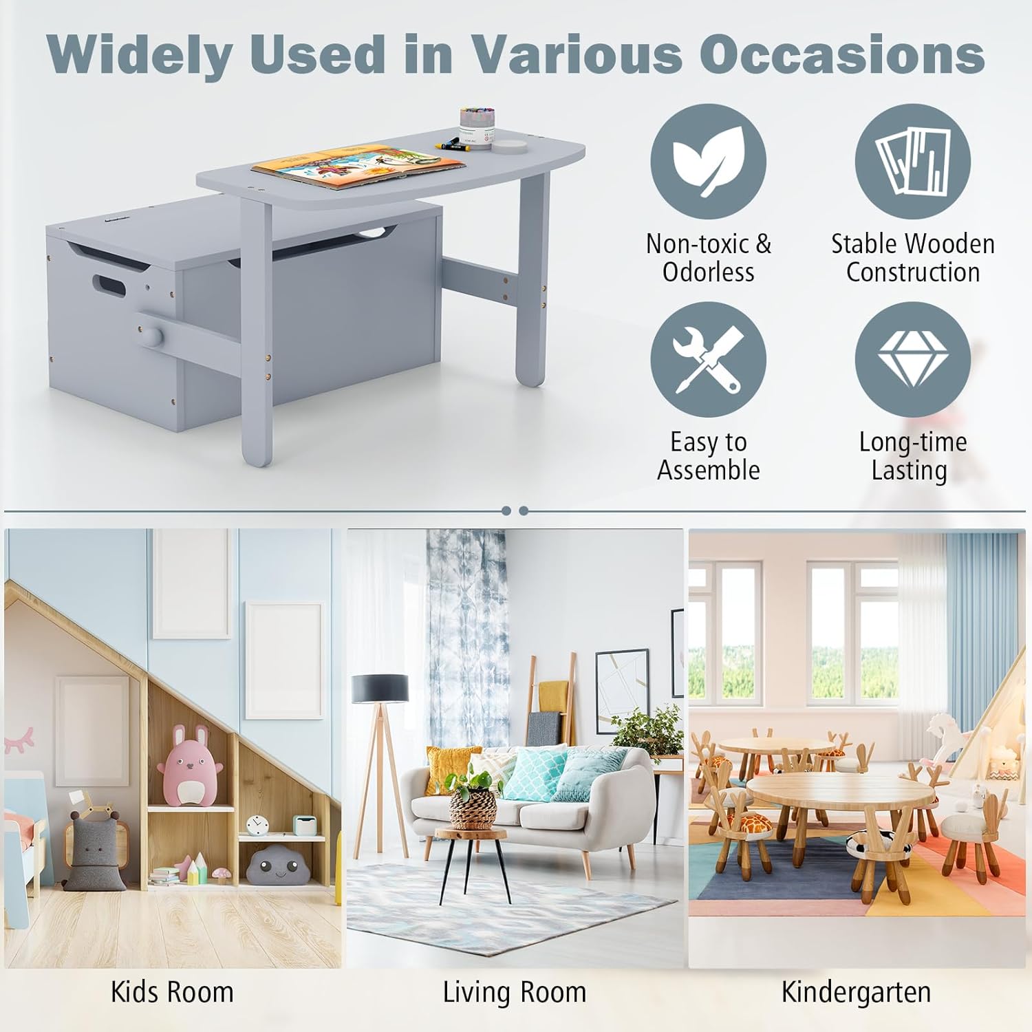 Costzon Juego de mesa y silla para niños, banco de almacenamiento de juguetes convertible con asa integrada para jardín de infantes, preescolar,