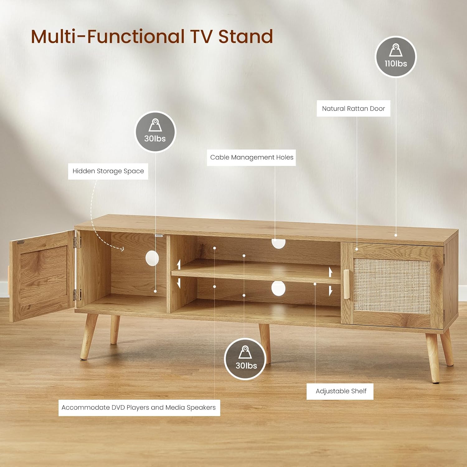 Iwell Soporte de TV bohemio de ratán para TV de 55, 65, 70 pulgadas, consola de TV grande, centro de entretenimiento con estante ajustable y 2