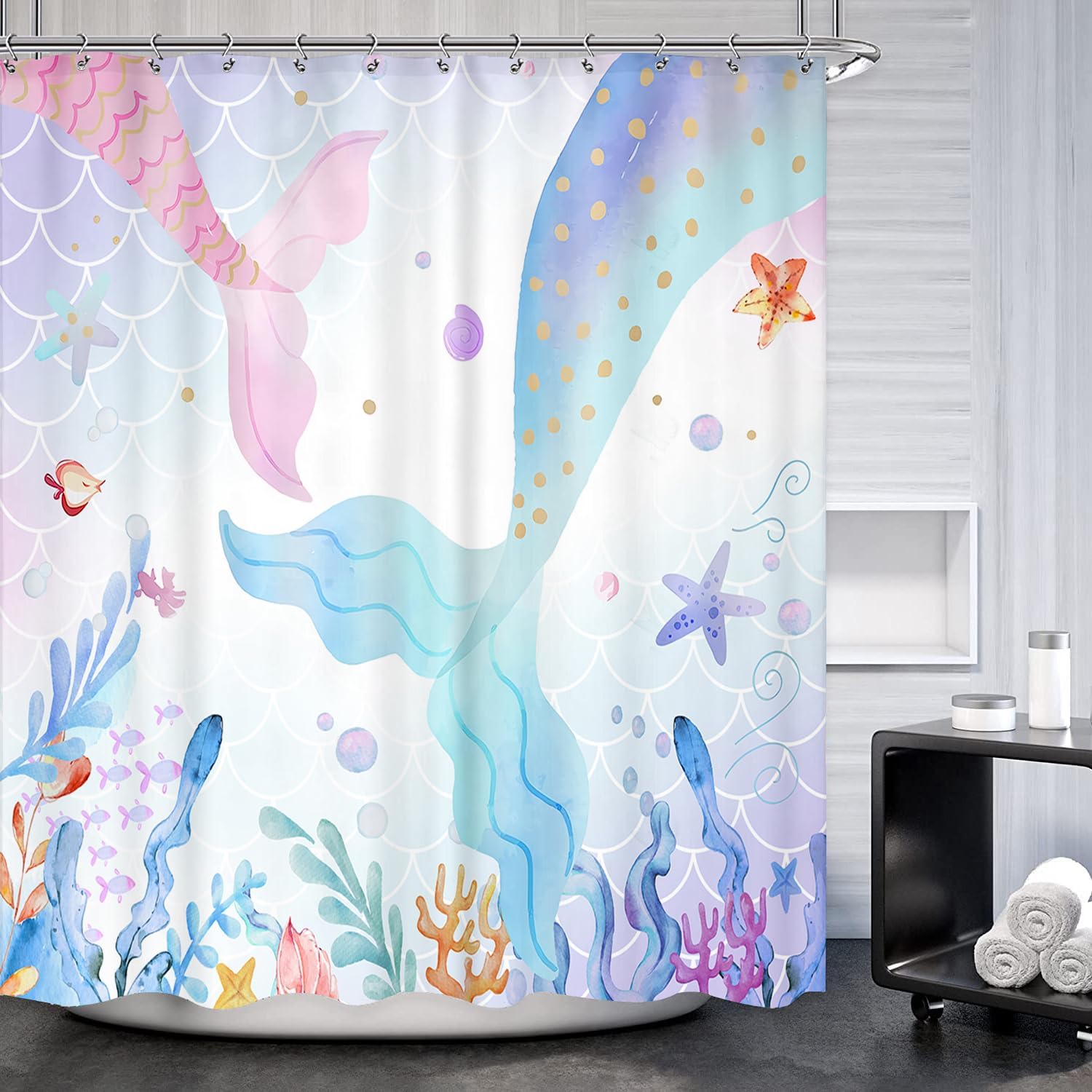 Cortina de ducha de sirena de 60 pulgadas de ancho x 72 pulgadas de largo, diseño de cola de sirena, linda cortina de ducha para niños, rosa, azul,