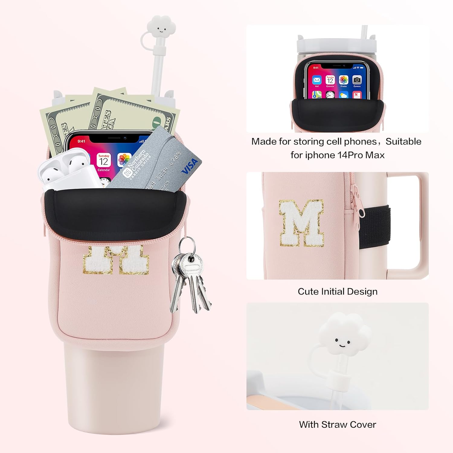 Bolsa para botella de agua con inicial para Stanley, monograma personalizado compatible con Stanley Quencher de 40 onzas e Iceflow 2030 oz para