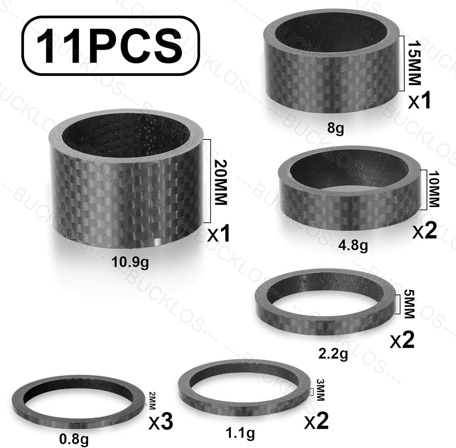BUCKLOS 11 piezas de aleación de aluminiofibra de carbono 20 15 10 5 3 0.079 in para bicicleta, 1-18 pulgadas manillar horquilla espaciadores