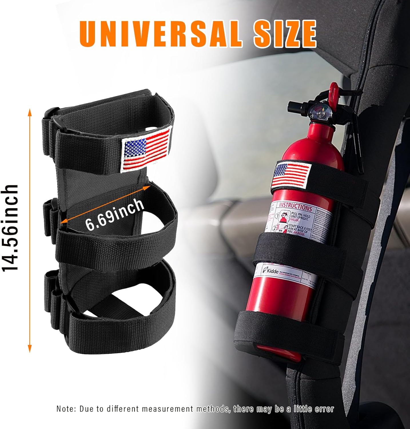 Soporte para extintor de incendios de 2.5 a 3 libras, barra enrollable ajustable, correa para extintores con patrón de bandera estadounidense,