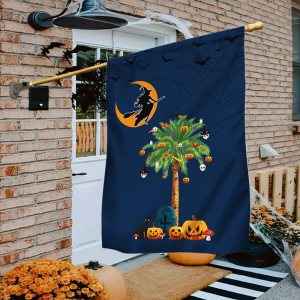 Bandera de brujería de Halloween de Carolina del Sur, calabazas, palmeras, Carolina del Sur, bandera de jardín de Halloween Bandera de brujería de Halloween de Carolina del Sur, calabazas, palmeras, Carolina del Sur, bandera de jardín de Halloween