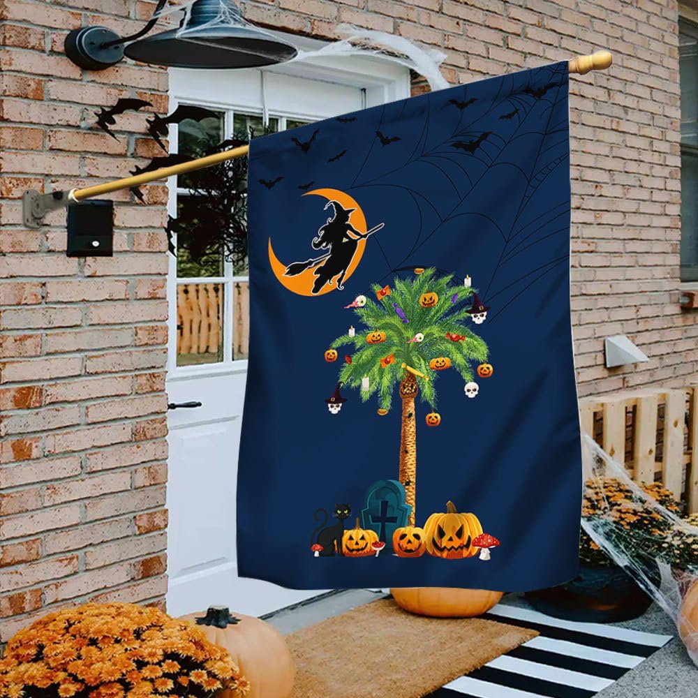Bandera de Halloween de Carolina del Sur, 3 x 5, Carolina del Sur, bandera de brujería de Halloween, calabaza, palmera, Carolina del Sur, bandera de